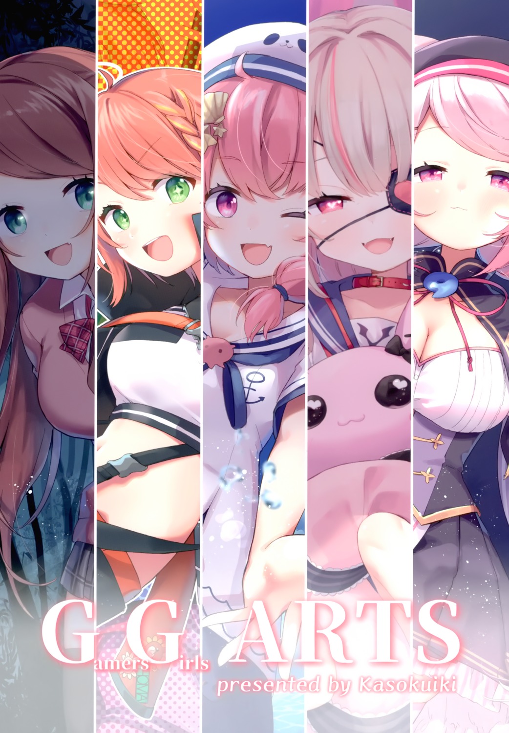 akabane_youko animal_ears asian_clothes cleavage eyepatch honma_himawari kasokuiki ksk_(kasokuiki) makaino_ririmu nekomimi nijisanji nijisanji_gamers sasaki_saku seifuku shiina_yuika sweater