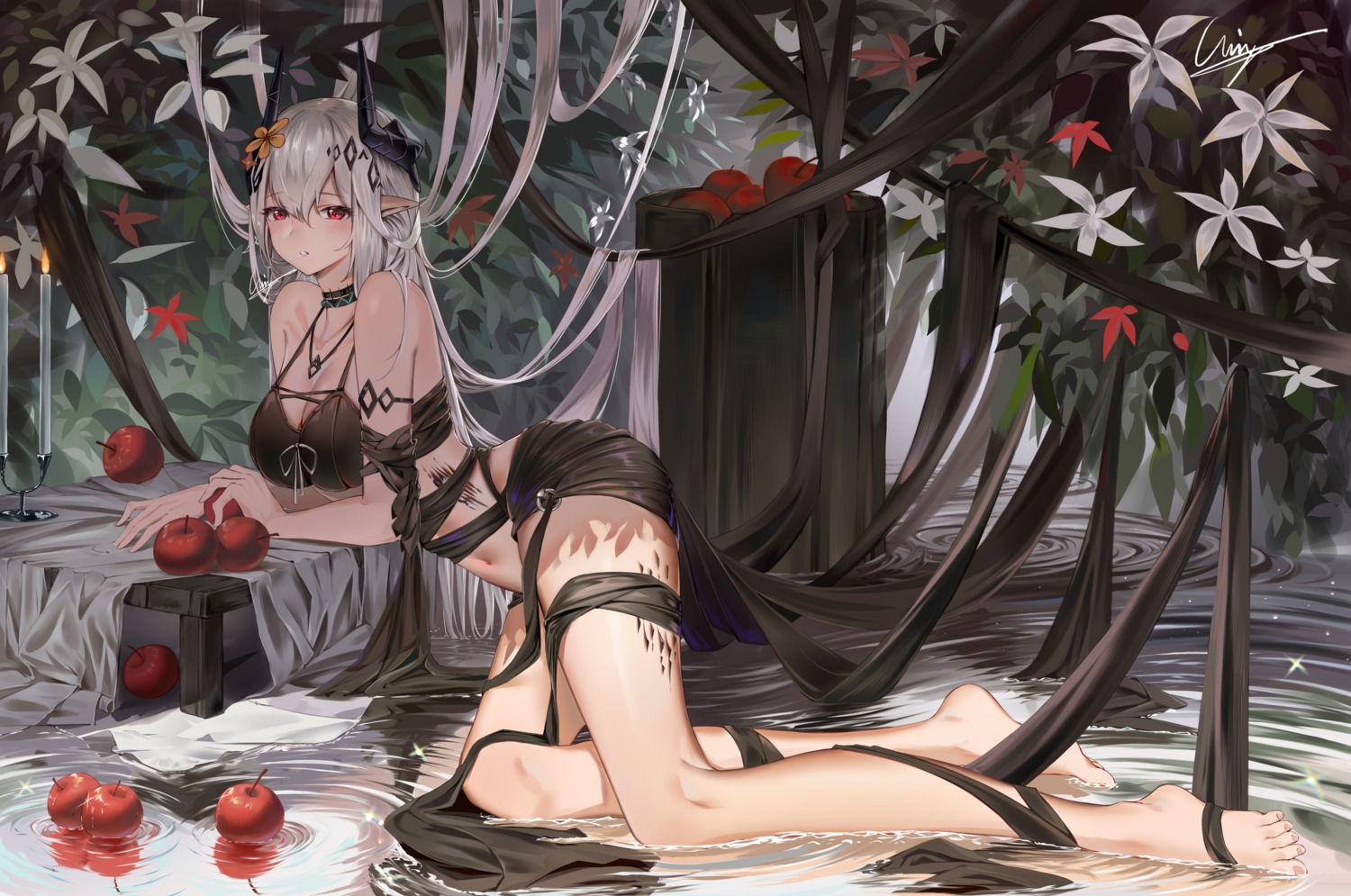 arknights cleavage horns mudrock_(arknights) pointy_ears qinyi_chinyi wet