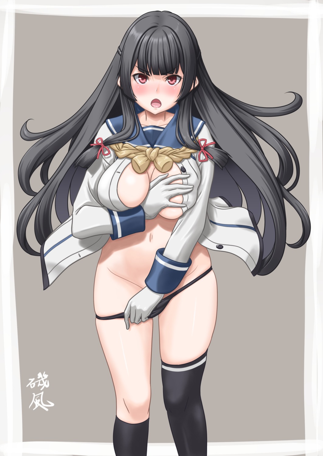 breast_grab isokaze_(kancolle) kantai_collection no_bra open_shirt pantsu panty_pull seifuku t2r thighhighs undressing