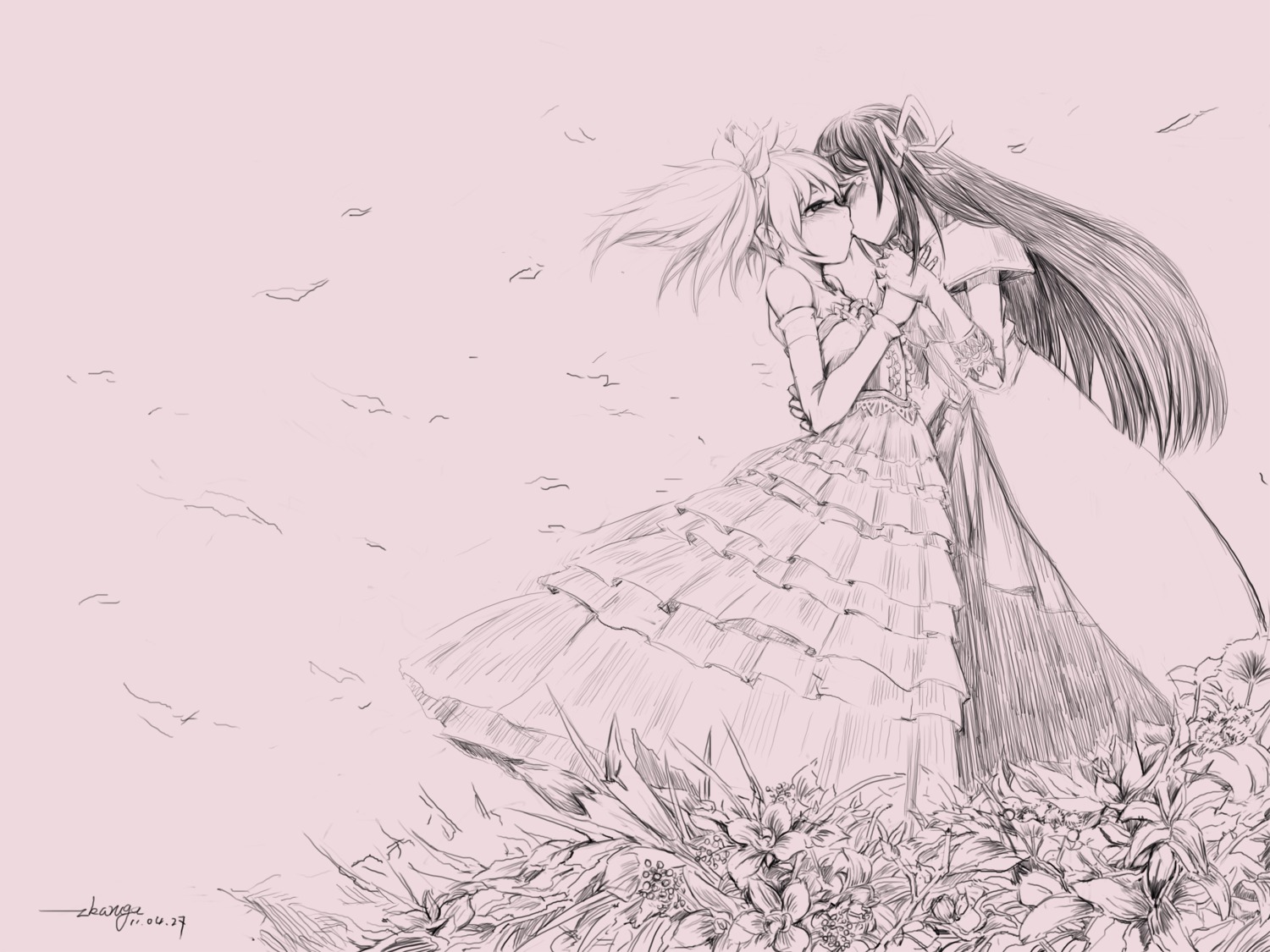 akemi_homura dress ik004 kaname_madoka monochrome puella_magi_madoka_magica yuri