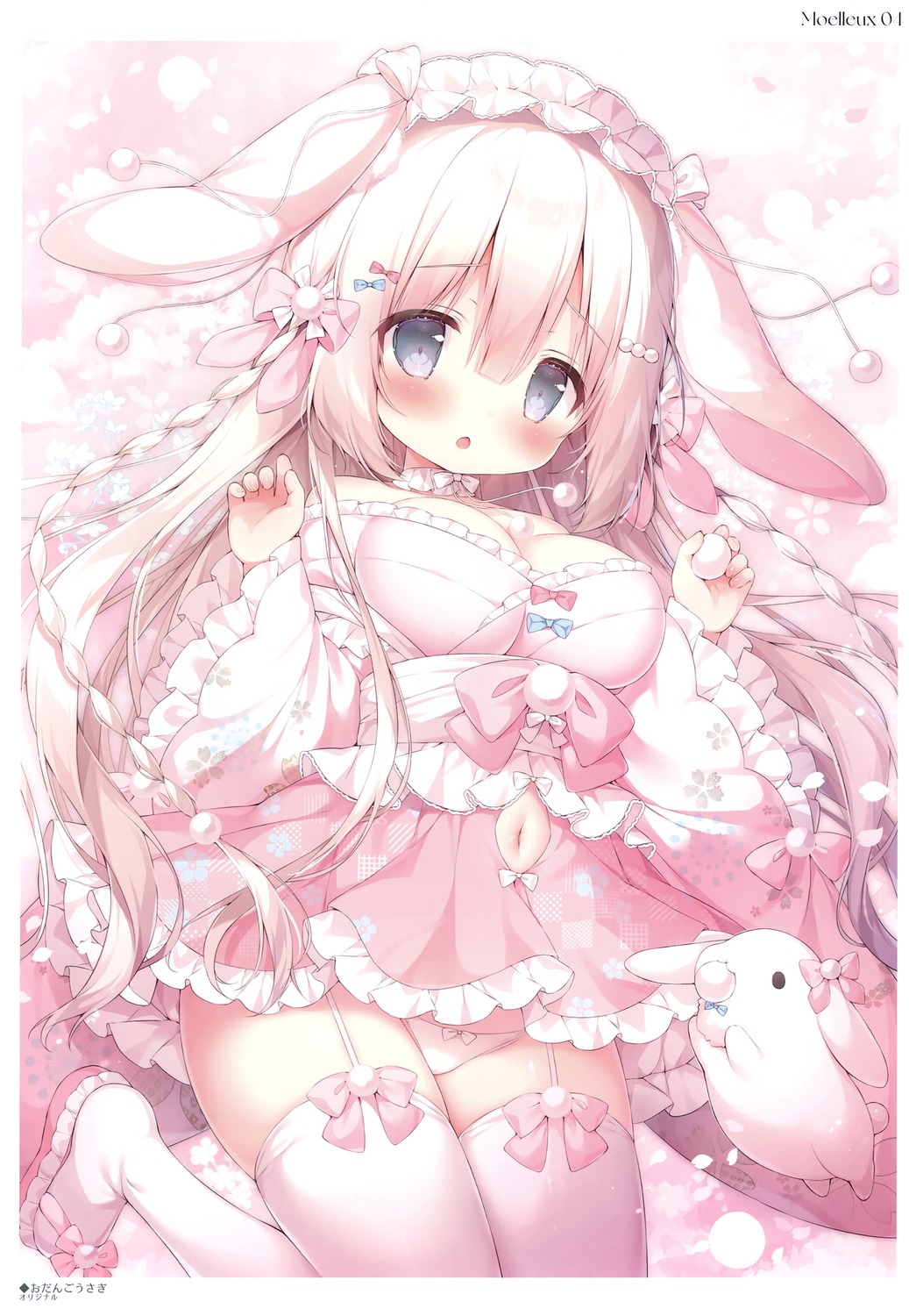 animal_ears bunny_ears maid mochi_peach momozu_komamochi no_bra pantsu skirt_lift stockings thighhighs wa_maid