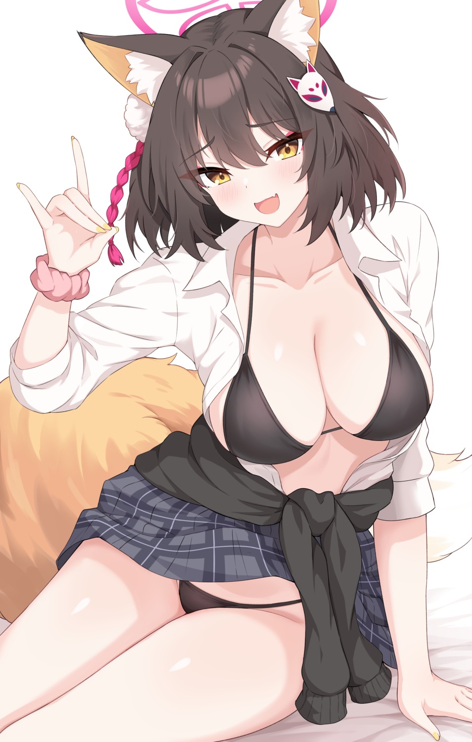 animal_ears bikini blue_archive enru halo kitsune kuda_izuna open_shirt seifuku skirt_lift sweater swimsuits tail