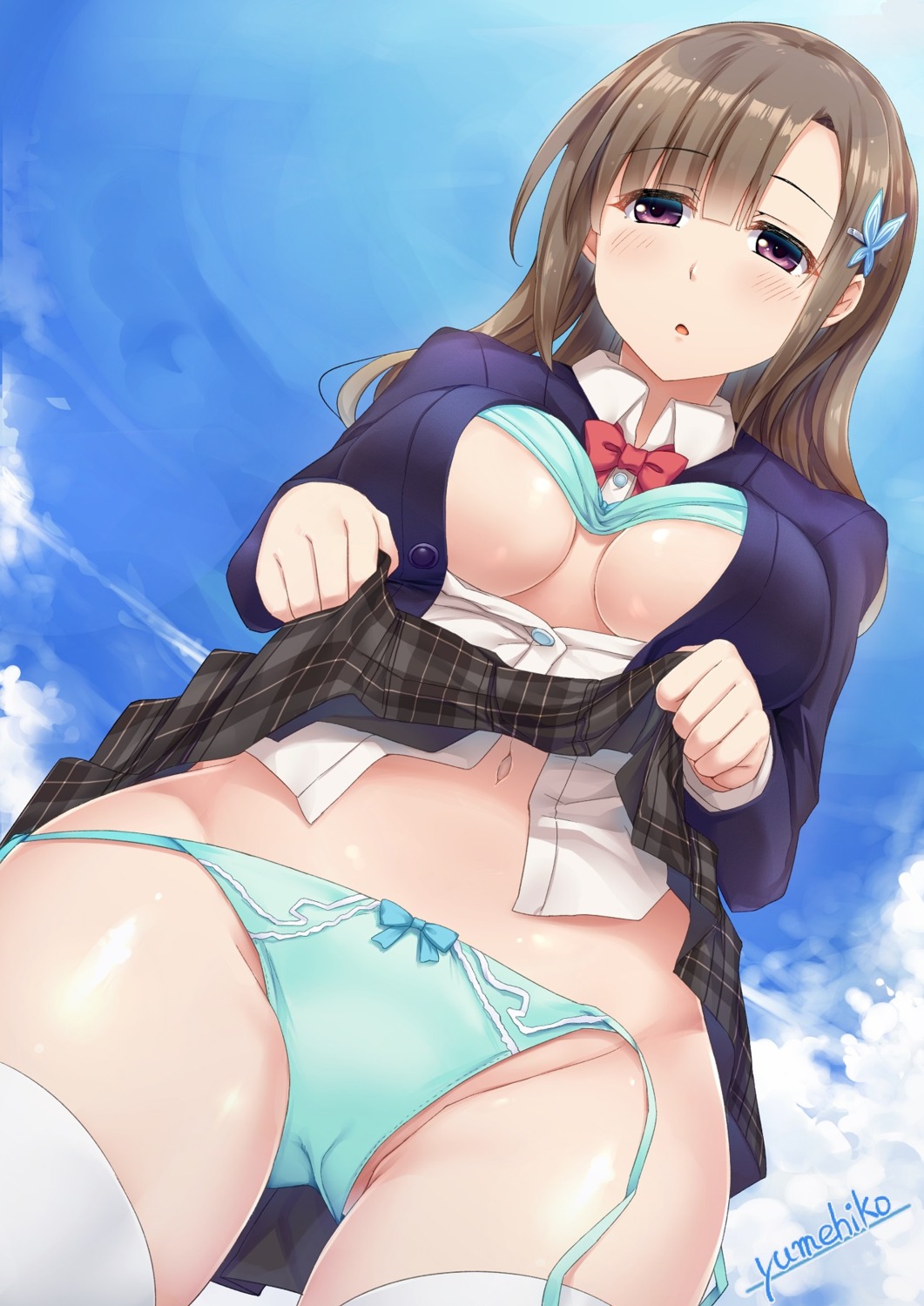 bra open_shirt pantsu see_through seifuku skirt_lift sorano_(12gou) string_panties thighhighs