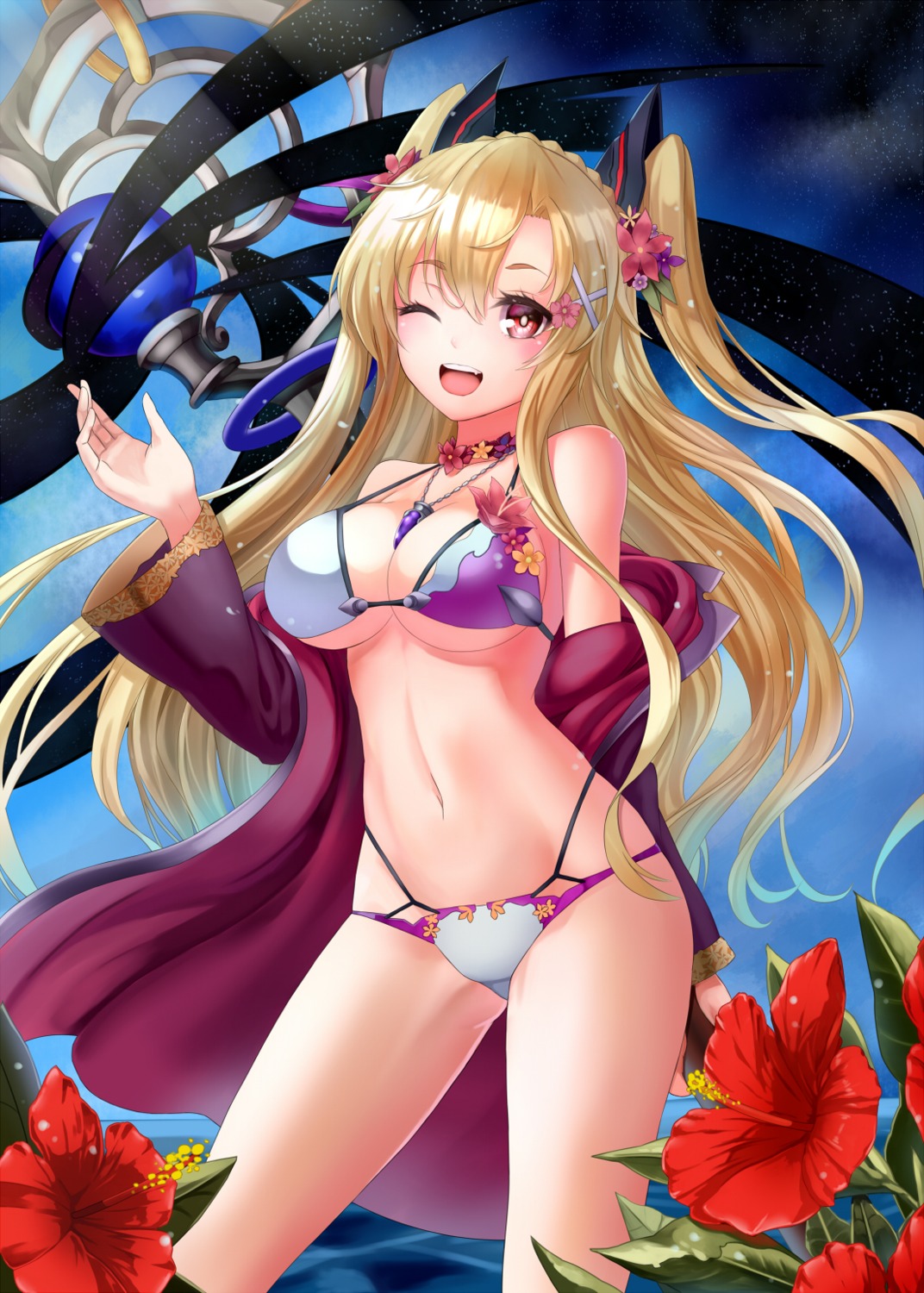 bikini cleavage million_arthur_irakon_natsu mizuya_nao open_shirt swimsuits underboob weapon