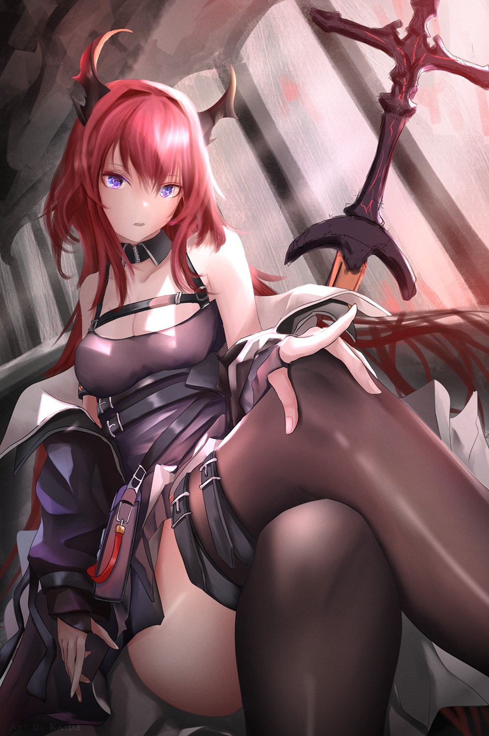 arknights cleavage garter horns kayjae skirt_lift surtr_(arknights) sword thighhighs