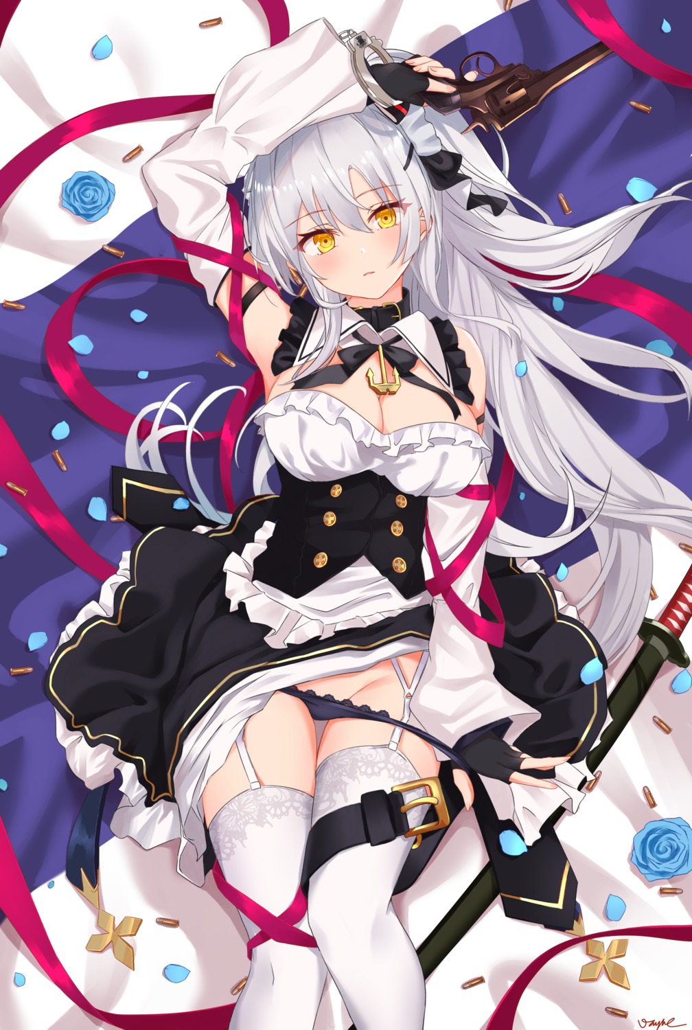 azur_lane cleavage drake_(azur_lane) garter gun maid pantsu panty_pull skirt_lift stockings sword thighhighs undressing vayneeeee