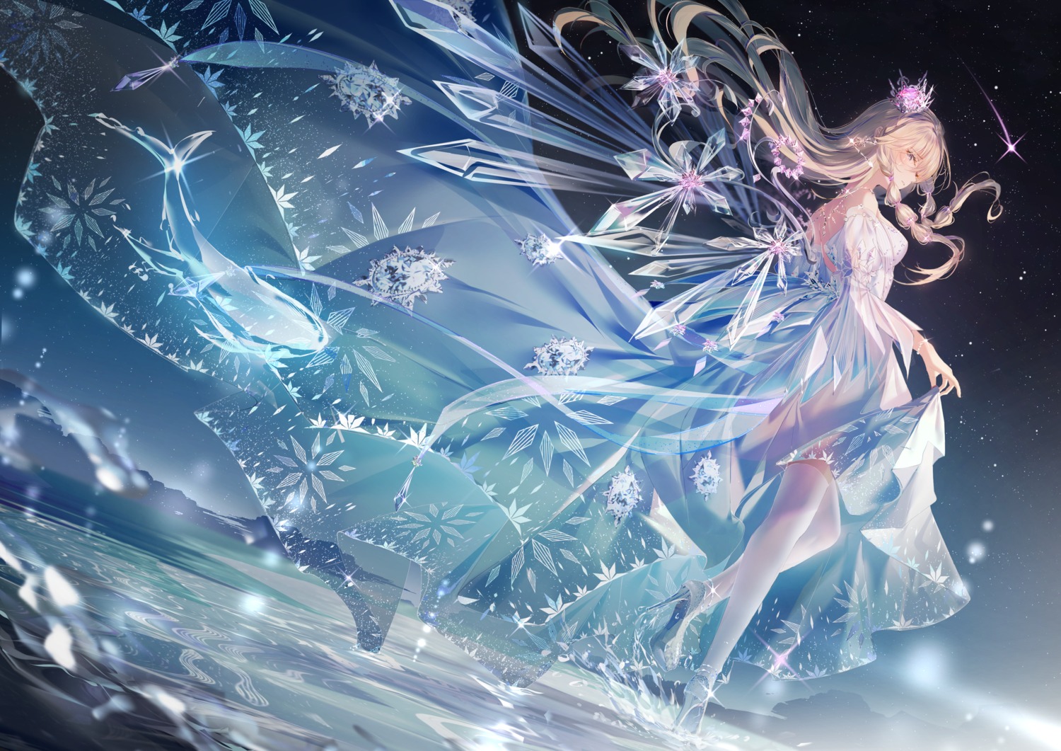 dress heels junpaku_karen see_through skirt_lift thighhighs wet wings