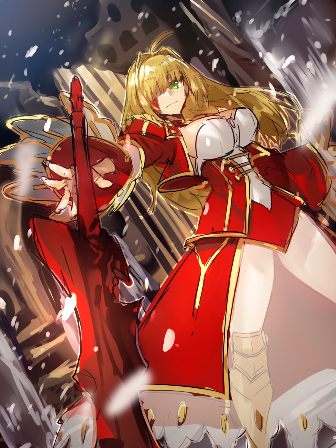 armor cleavage fate/extra fate/grand_order fate/stay_night meron22 saber_extra see_through sketch sword