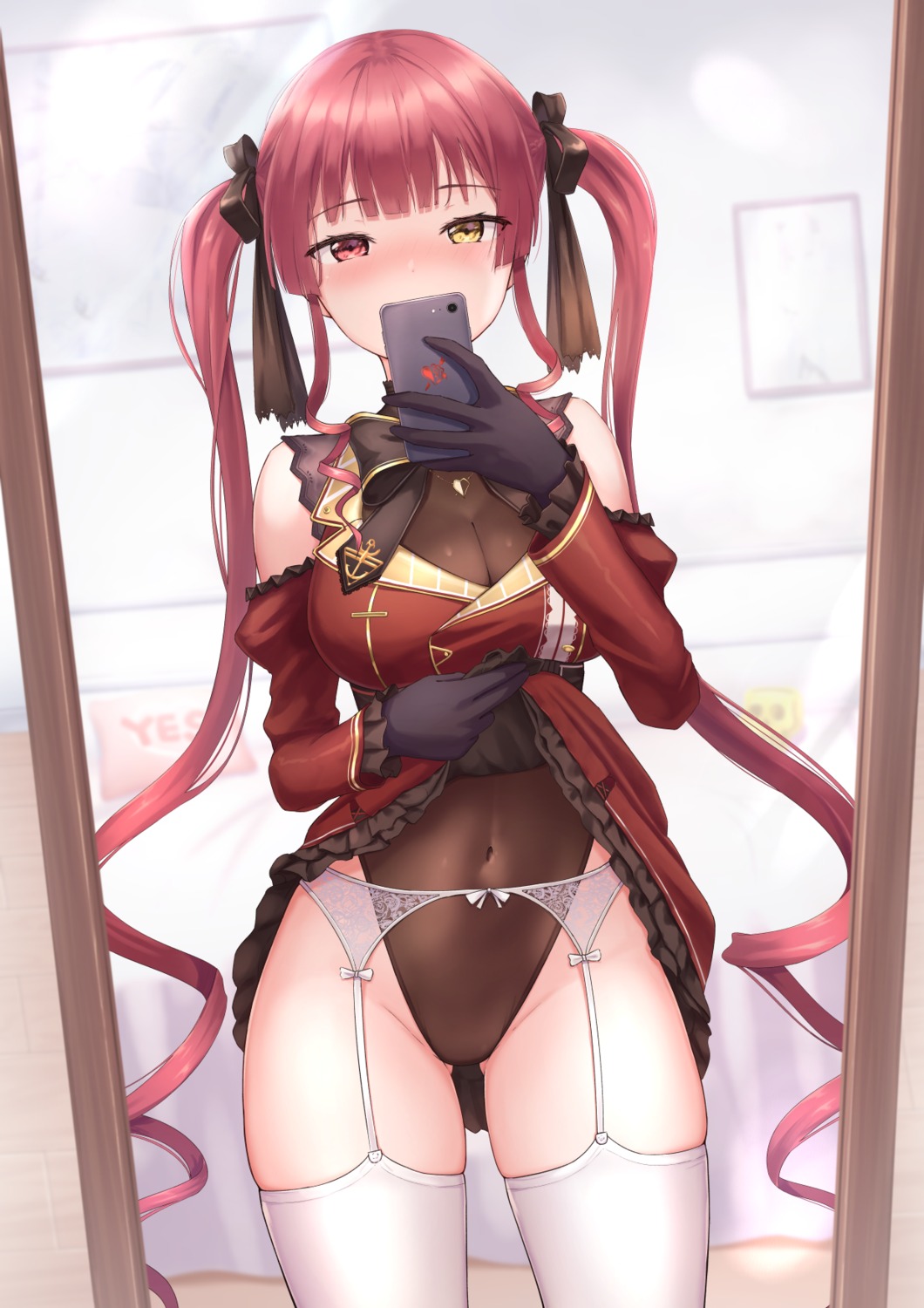 garter_belt heterochromia hololive houshou_marine leotard marinesnow selfie skirt_lift stockings thighhighs