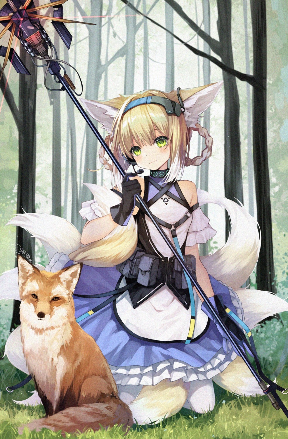 animal_ears arknights kitsune shinkai_kokoa suzuran_(arknights) tail weapon
