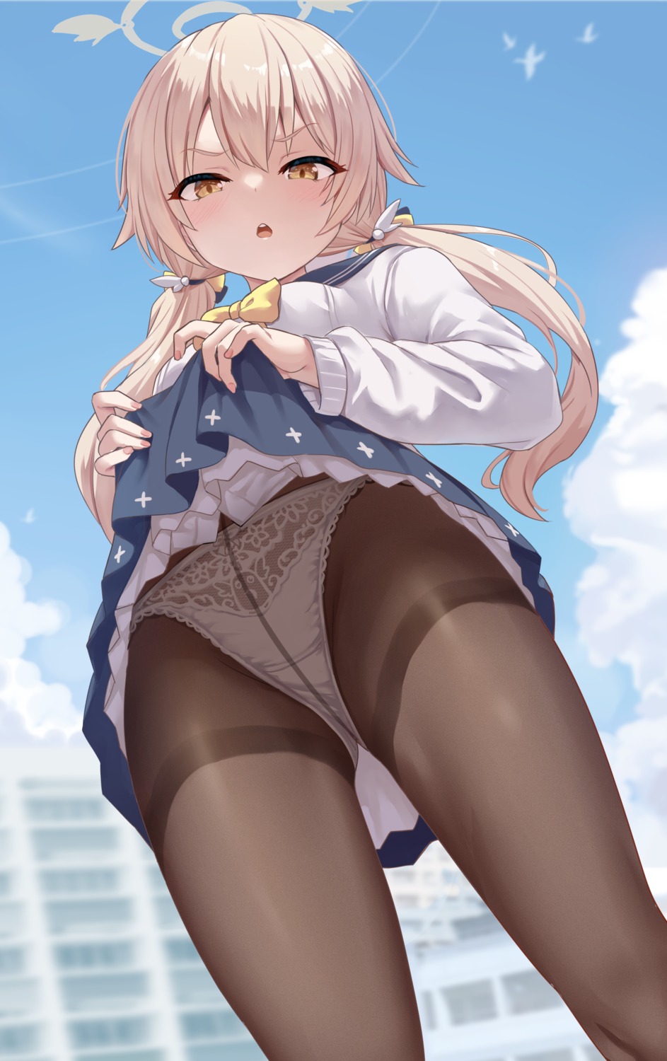 ajitani_hifumi blue_archive halo loli milkshake pantsu pantyhose seifuku skirt_lift sweater undressing