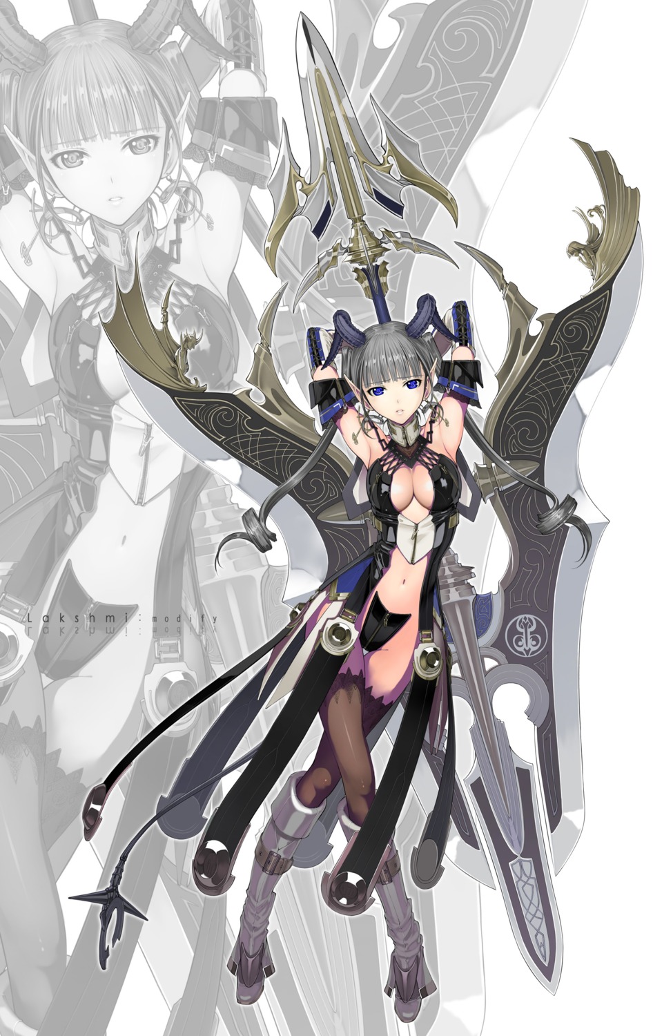 cleavage devil horns maebari nakaba_reimei sword thighhighs