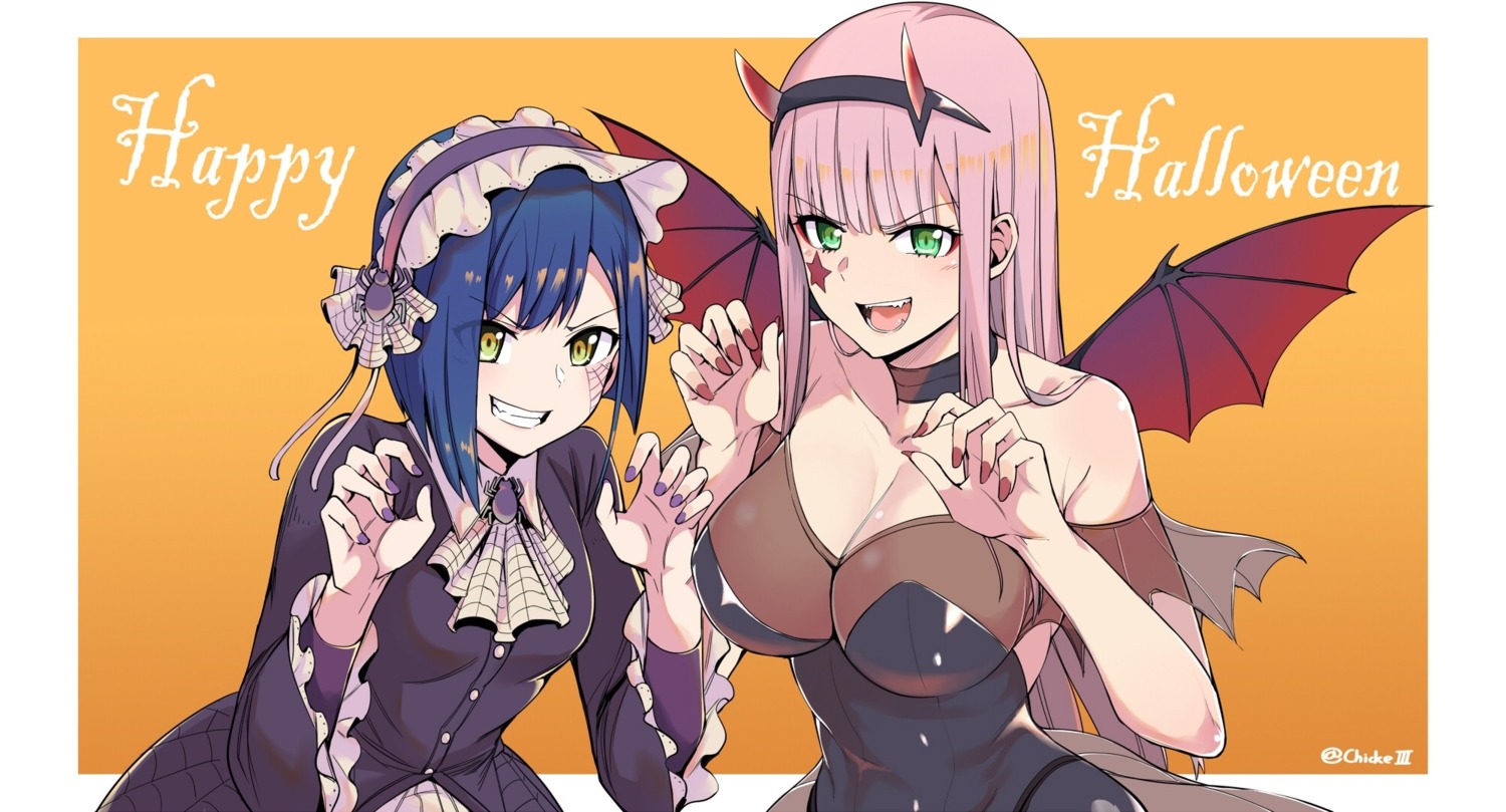 chicke_iii cleavage darling_in_the_franxx dress halloween horns ichigo_(darling_in_the_franxx) signed wings zero_two_(darling_in_the_franxx)