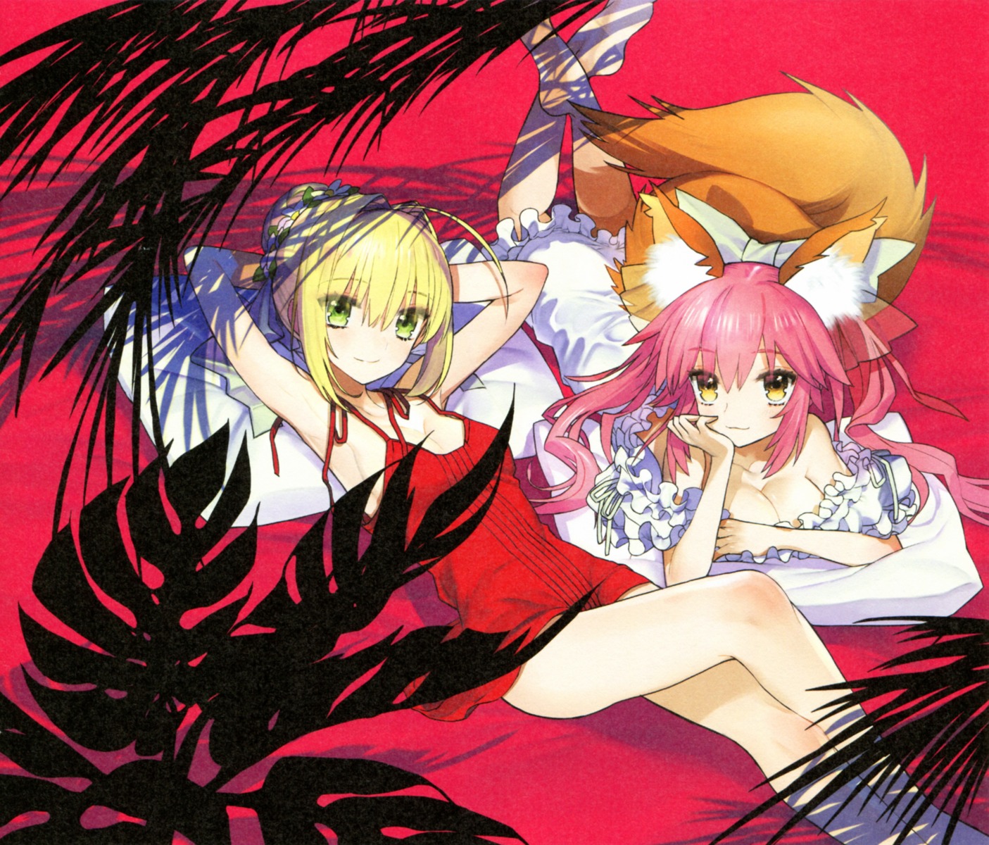 animal_ears cleavage fate/extra fate/extra_ccc fate/stay_night kitsune paper_texture saber_extra tail tamamo_no_mae type-moon wada_rco