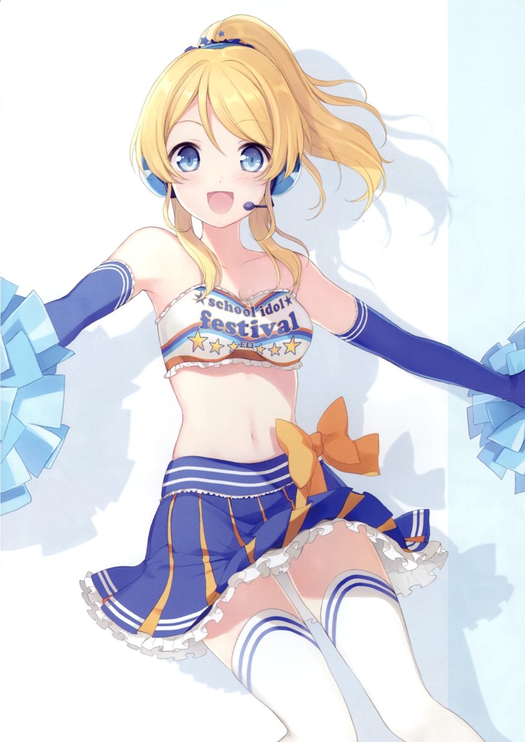 6u ayase_eli bikini_top cheerleader cleavage eternal_land headphones love_live! skirt_lift swimsuits thighhighs