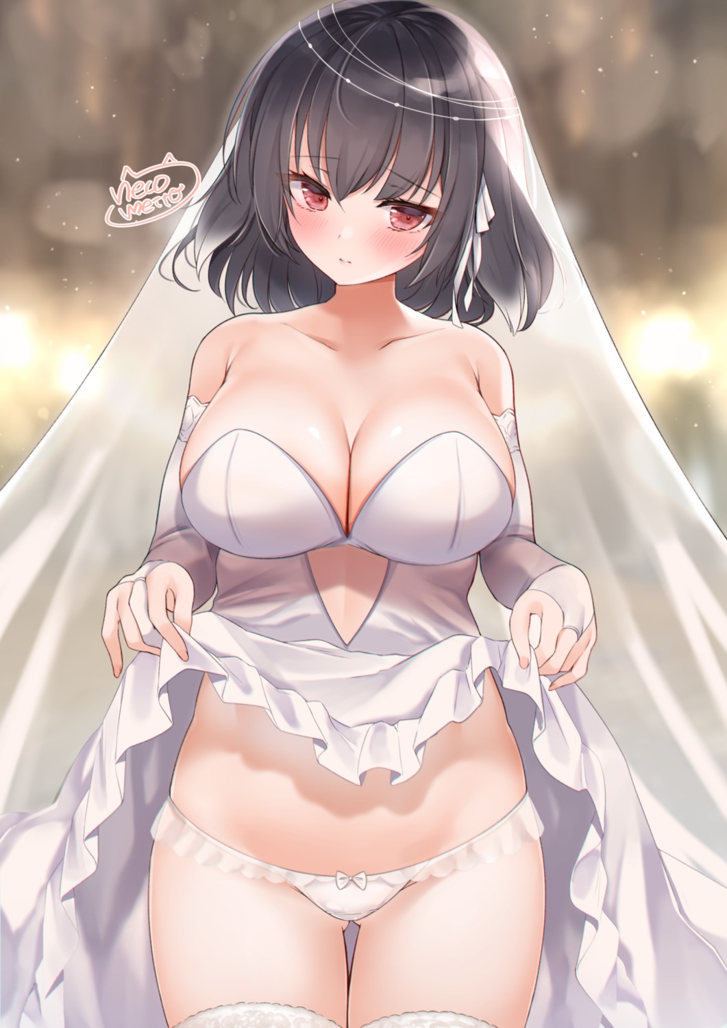 dress neco_meito no_bra pantsu skirt_lift thighhighs wedding_dress