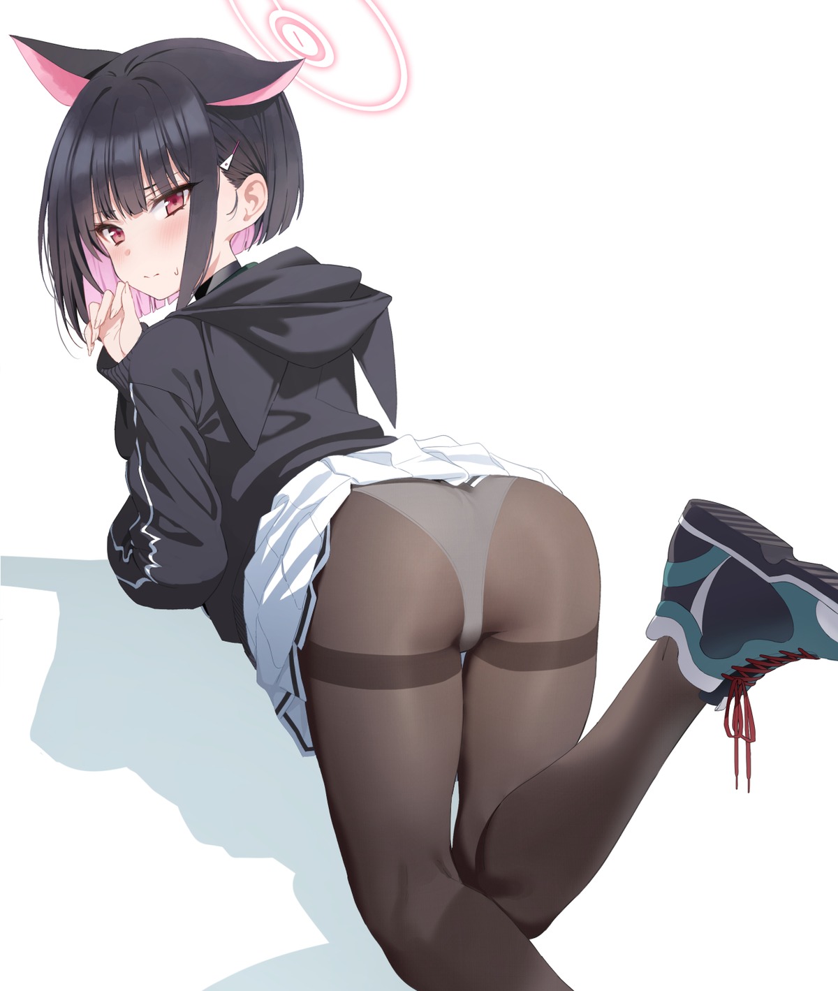 animal_ears ass blue_archive halo kyouyama_kazusa mochirong nekomimi pantsu pantyhose seifuku skirt_lift