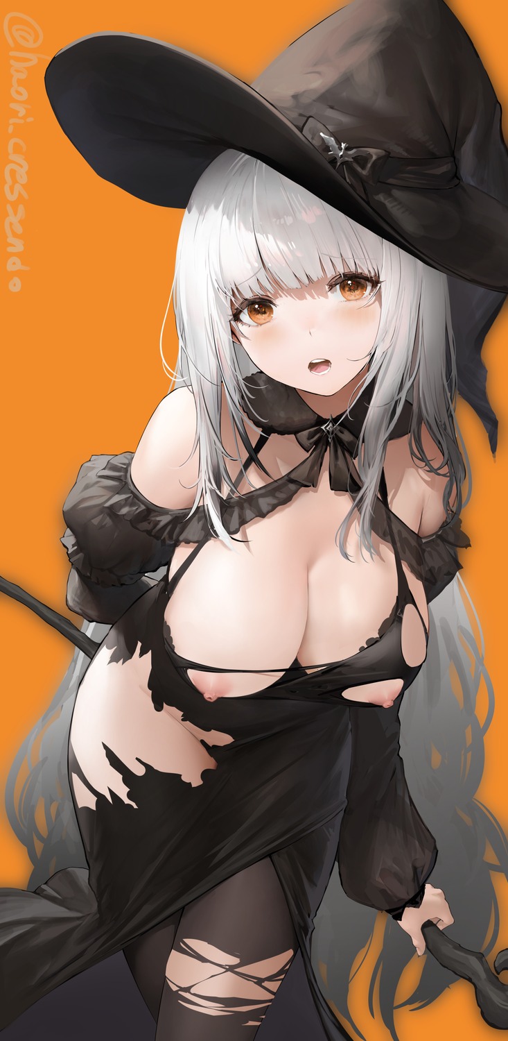 breasts dress halloween haori_io nipples no_bra nopan pantyhose torn_clothes weapon witch