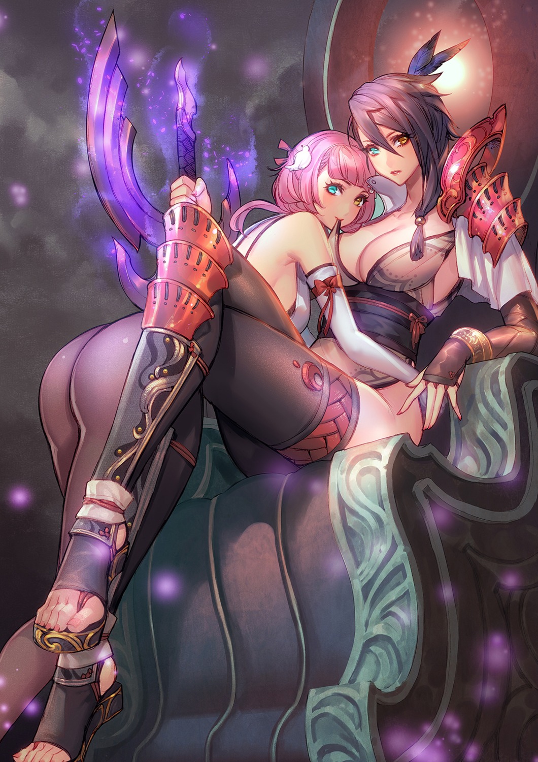 armor ass cleavage feet heels heterochromia japanese_clothes no_bra nopan ryushin sword thighhighs yuri