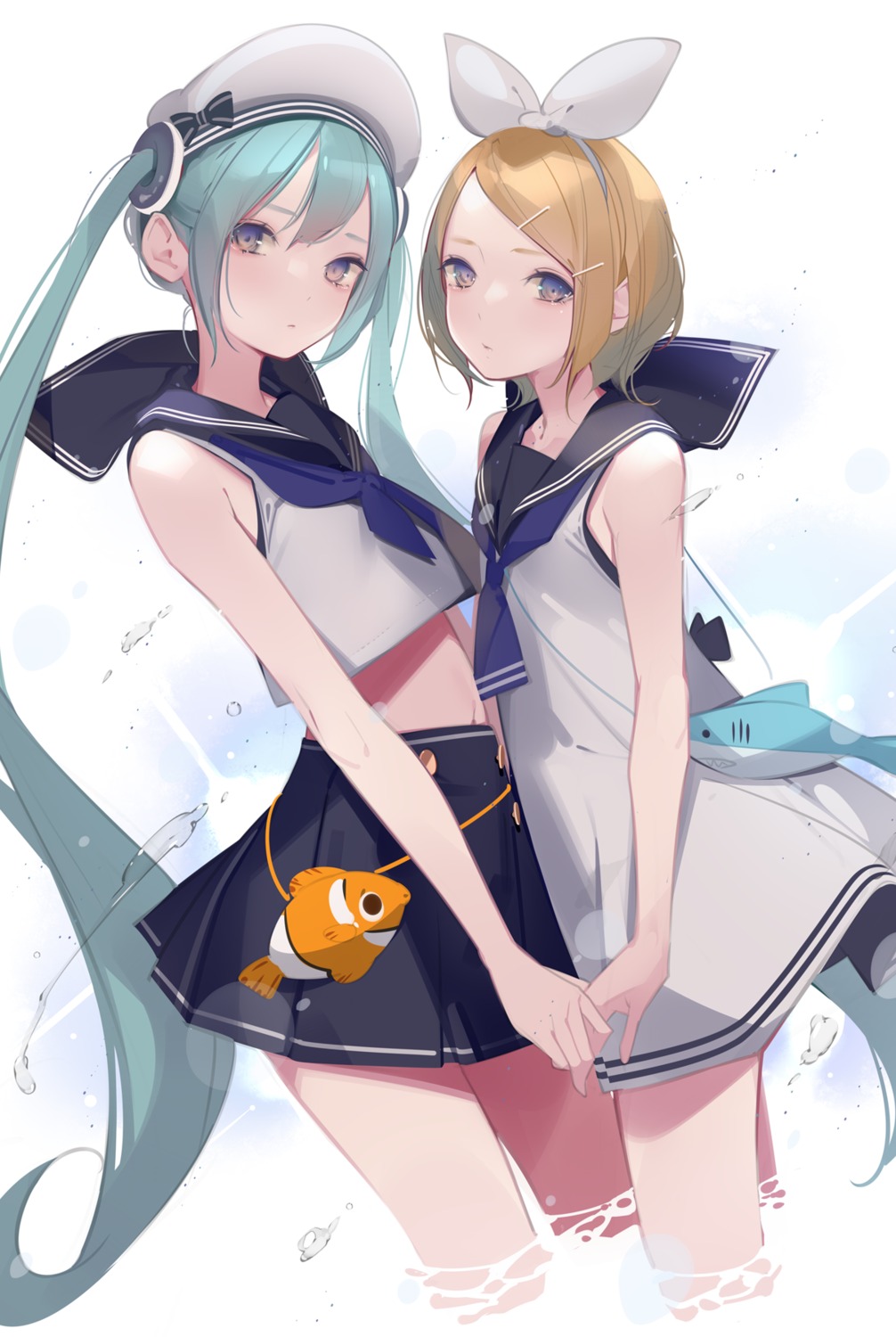 ama_mitsuki hatsune_miku kagamine_rin seifuku vocaloid wet