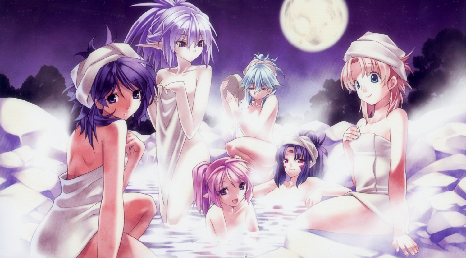 agarest_senki bathing dyshana elaine elf ellis_(agarest_senki) fyuria hirano_katsuyuki loli luana naked onsen pointy_ears scanning_dust towel vira-lorr wet