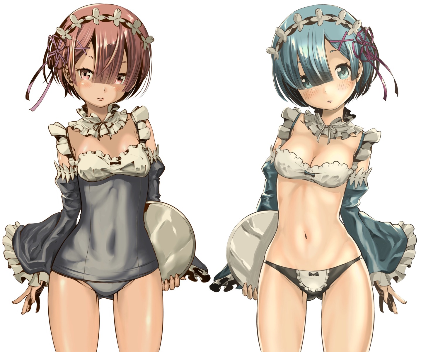 bikini cleavage fukushima_masayasu maid ram_(re_zero) re_zero_kara_hajimeru_isekai_seikatsu rem_(re_zero) swimsuits