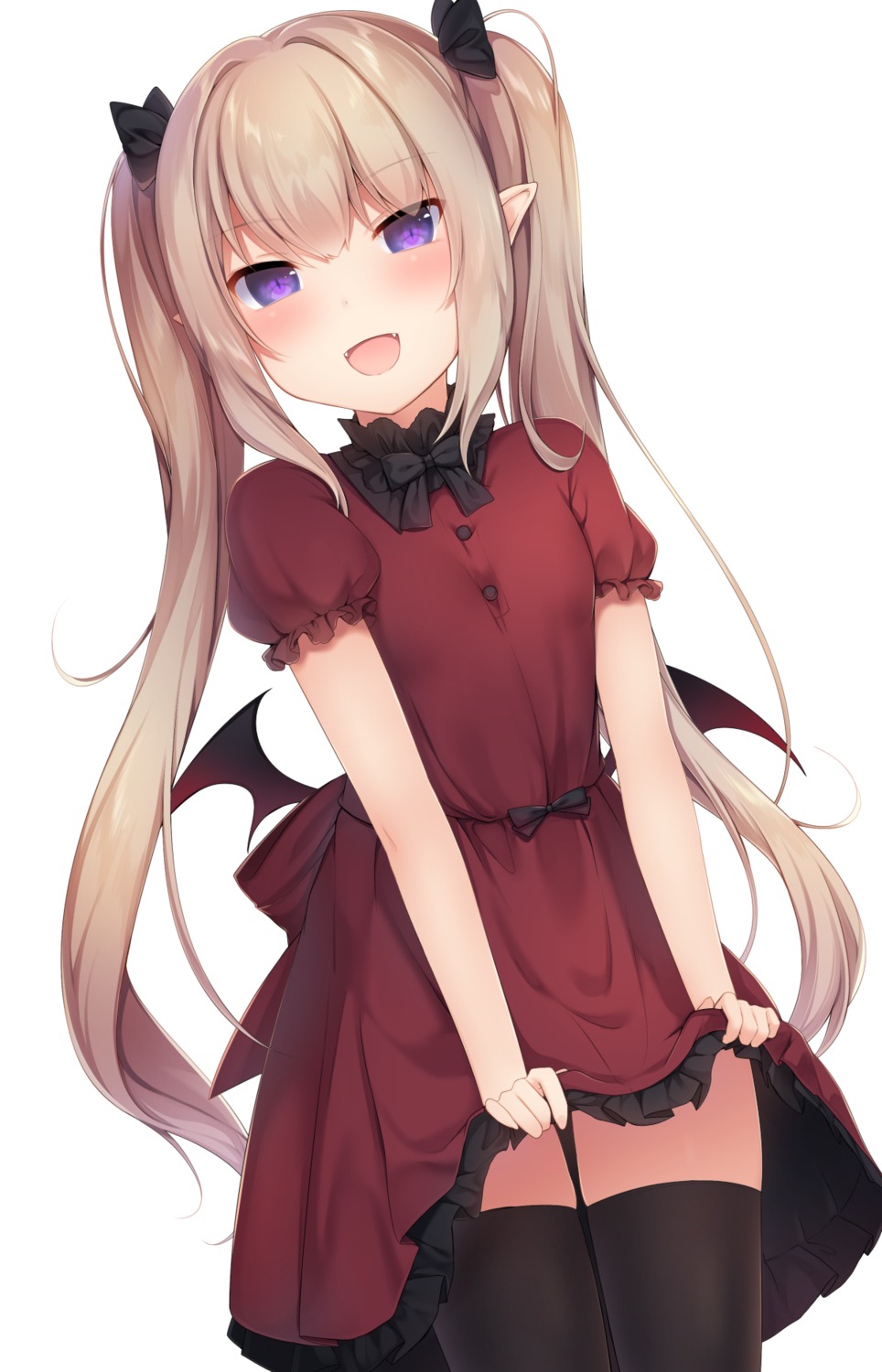 amashiro_natsuki dress pointy_ears skirt_lift thighhighs wings