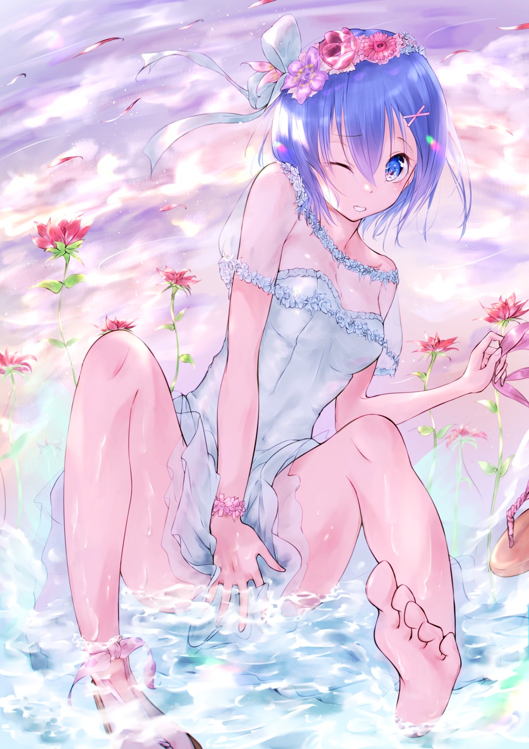 dress feet meen_(ouaughikepdvrsf) no_bra re_zero_kara_hajimeru_isekai_seikatsu rem_(re_zero) see_through skirt_lift wet