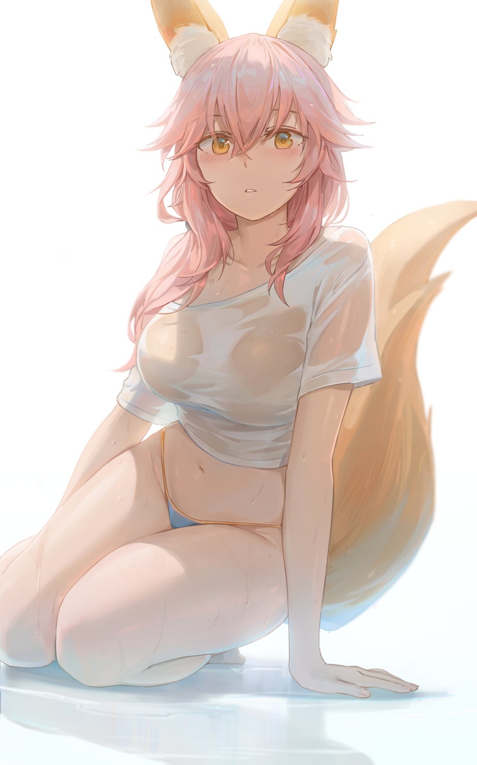 animal_ears bikini fate/grand_order free_style_(yohan1754) kitsune no_bra see_through swimsuits tail tamamo_no_mae wet_clothes