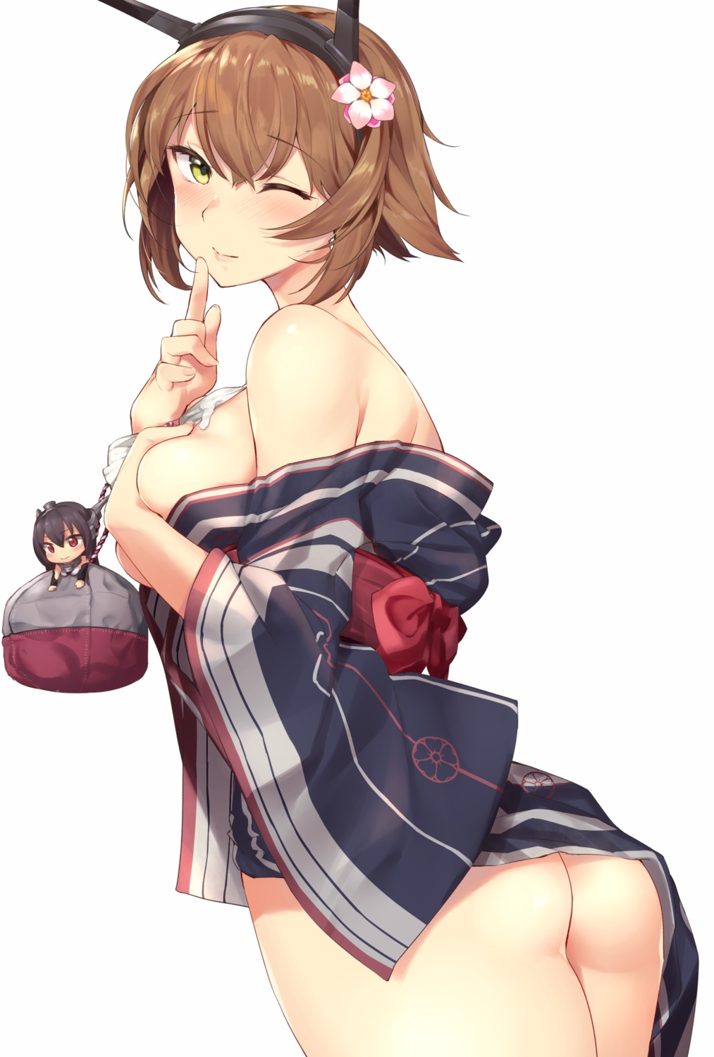 ass breast_hold hiromochi_(hiro39ra1) kantai_collection mutsu_(kancolle) nagato_(kancolle) no_bra nopan open_shirt yukata