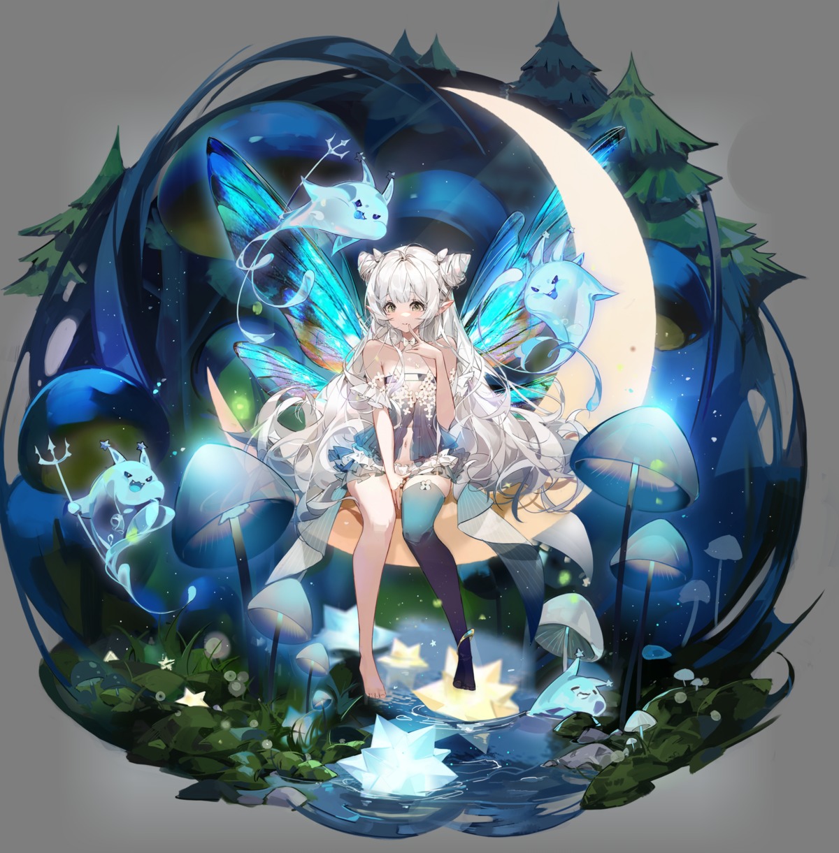 aether_gazer ca_taizichian dress feet no_bra pointy_ears see_through thighhighs transparent_png wet wings