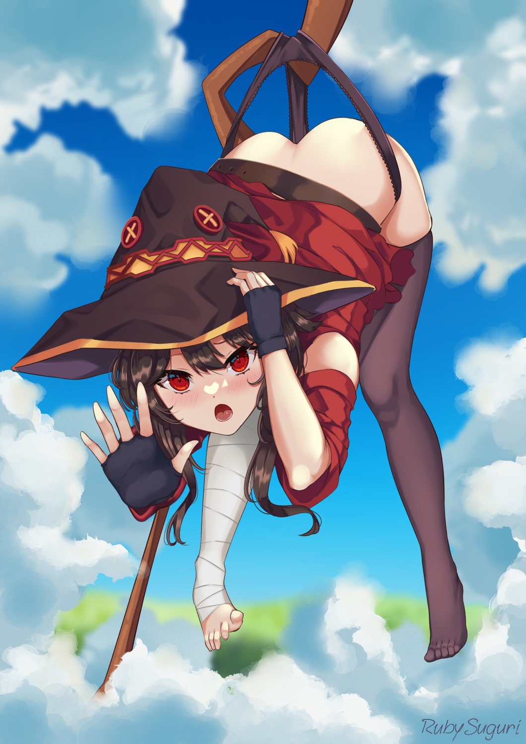 bandages dress kono_subarashii_sekai_ni_shukufuku_wo! megumin pantsu panty_pull ruby_suguri skirt_lift wardrobe_malfunction weapon witch