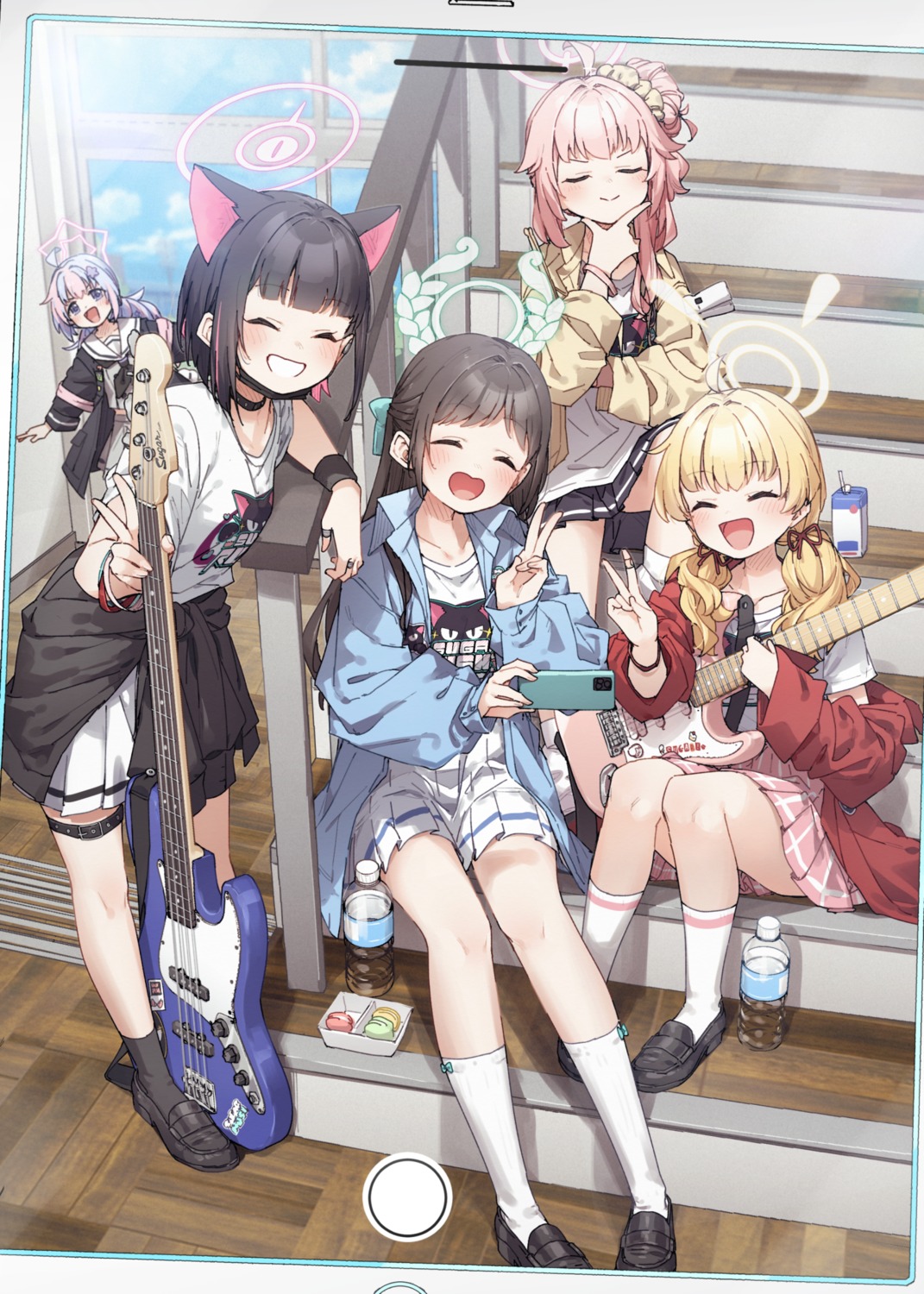 animal_ears blue_archive garter guitar halo ibaragi_yoshimi kurimura_airi kusaka_shi kyouyama_kazusa nekomimi seifuku skirt_lift uniform uzawa_reisa yutori_natsu