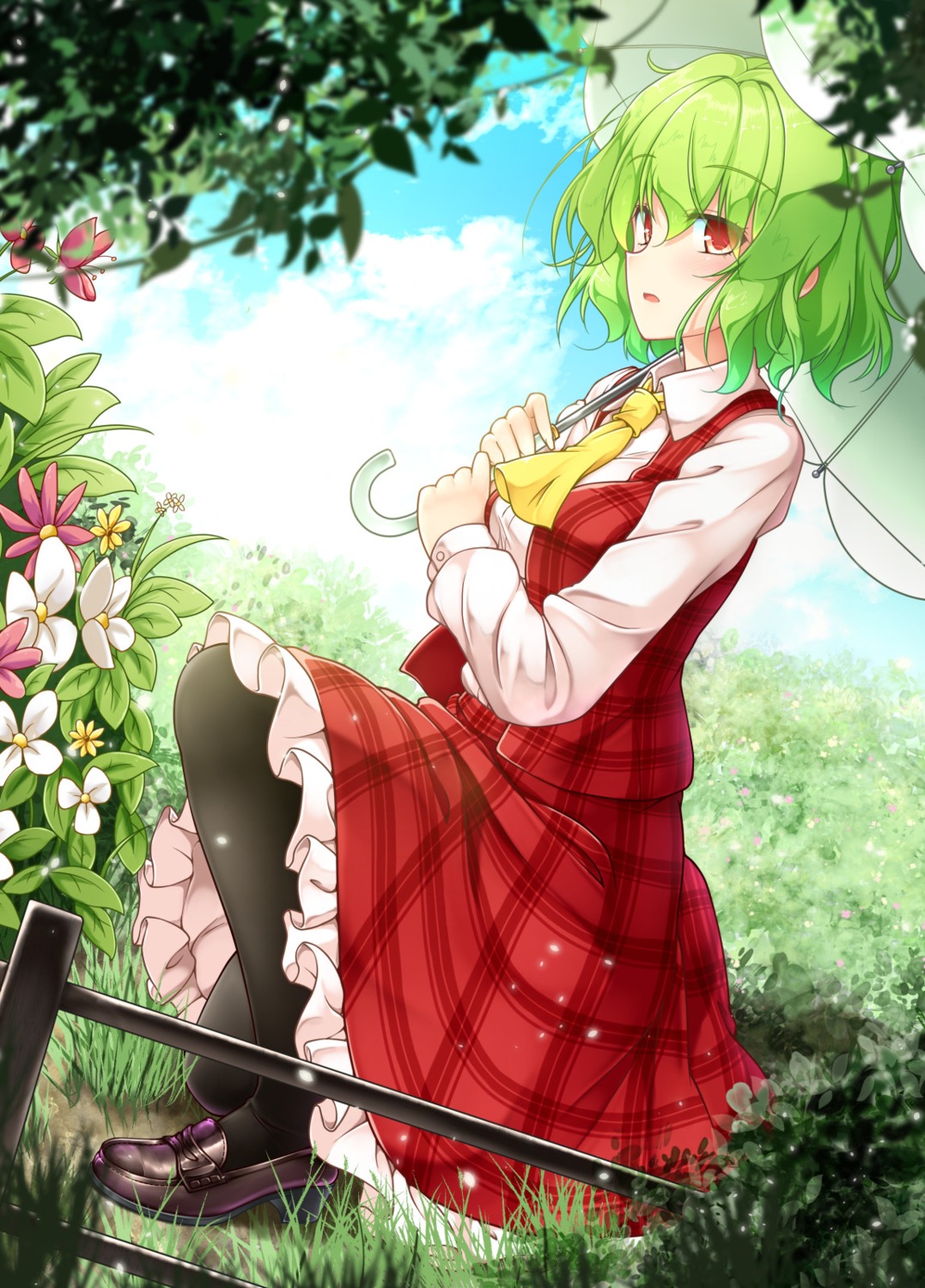 aka_tawashi heels kazami_yuuka touhou umbrella