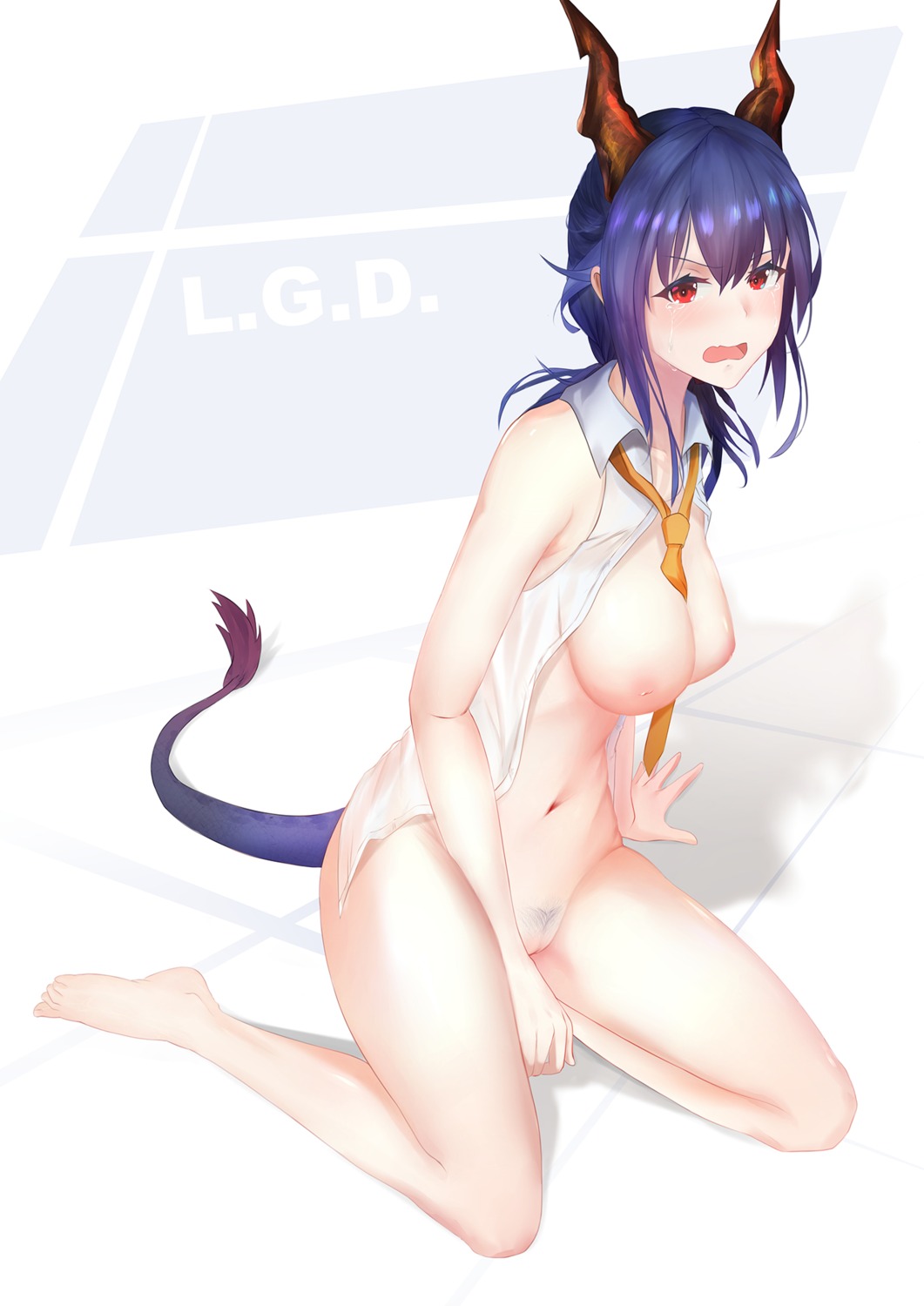 arknights bottomless breasts ch'en_(arknights) horns krirk nipples no_bra open_shirt pubic_hair pussy see_through tail