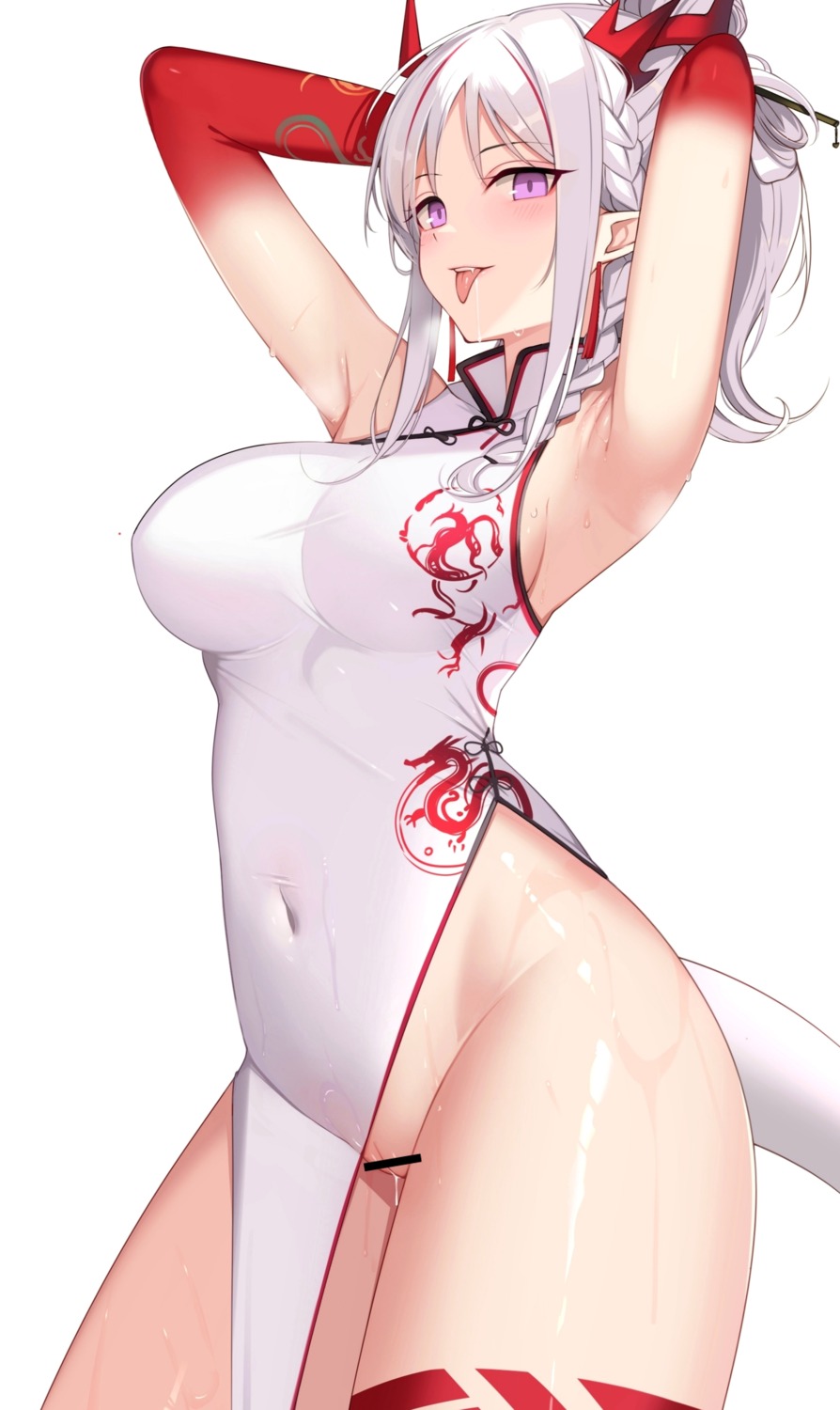 arknights ateoyh censored chinadress horns nian_(arknights) nopan pointy_ears pussy pussy_juice tail tattoo wet