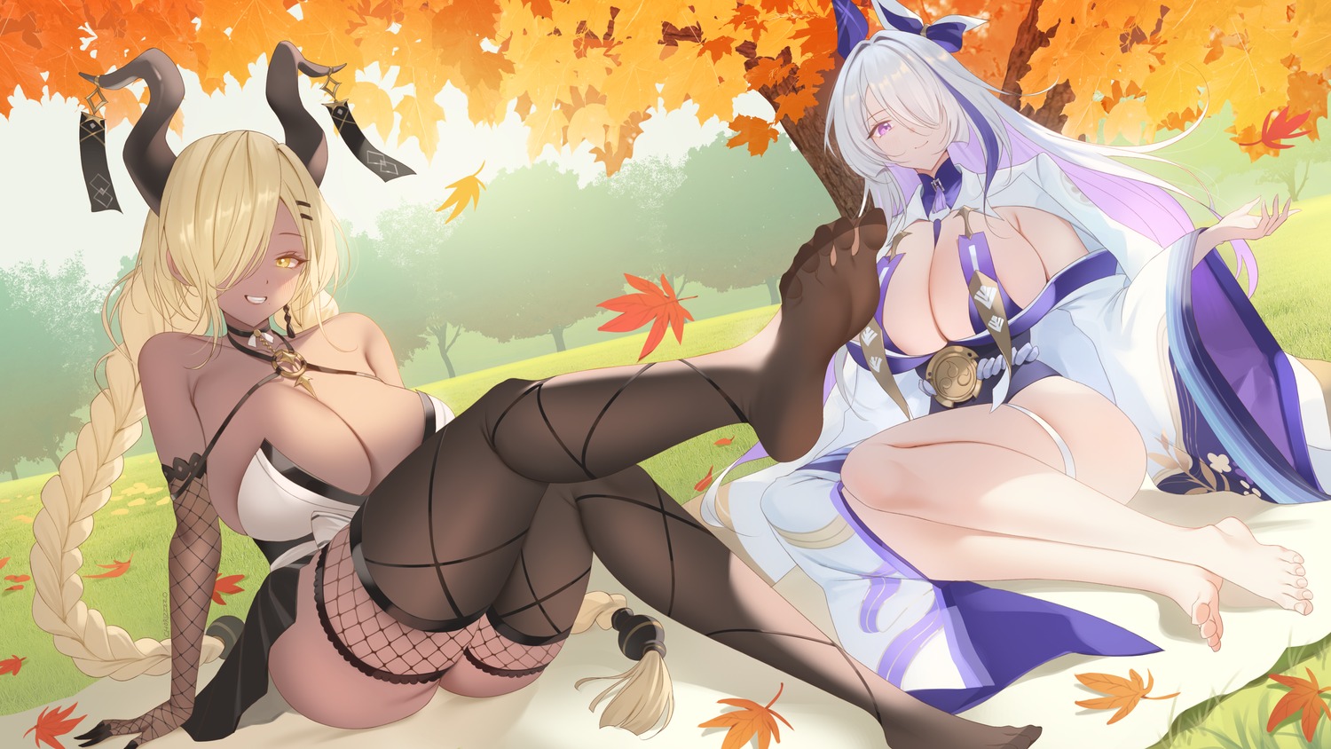 azur_lane feet fishnets garter horns japanese_clothes no_bra owari_(azur_lane) thighhighs unzen_(azur_lane) wallpaper zzo_(chorizzzzo)