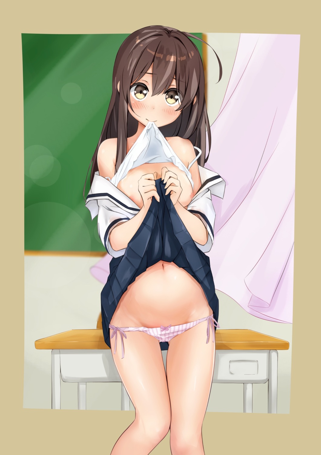 breasts lingerie miyuki_(yxbt7) nipples no_bra open_shirt pantsu panty_pull seifuku shimapan shirt_lift skirt_lift string_panties