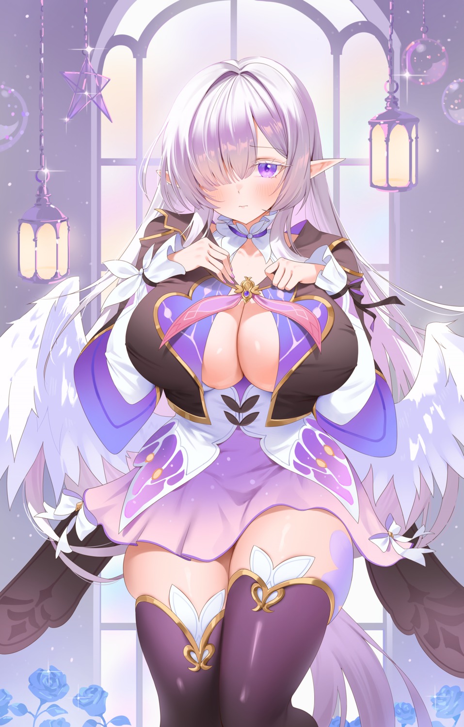 cosplay firefly honkai:_star_rail no_bra open_shirt pointy_ears thighhighs wings zzo_(chorizzzzo)