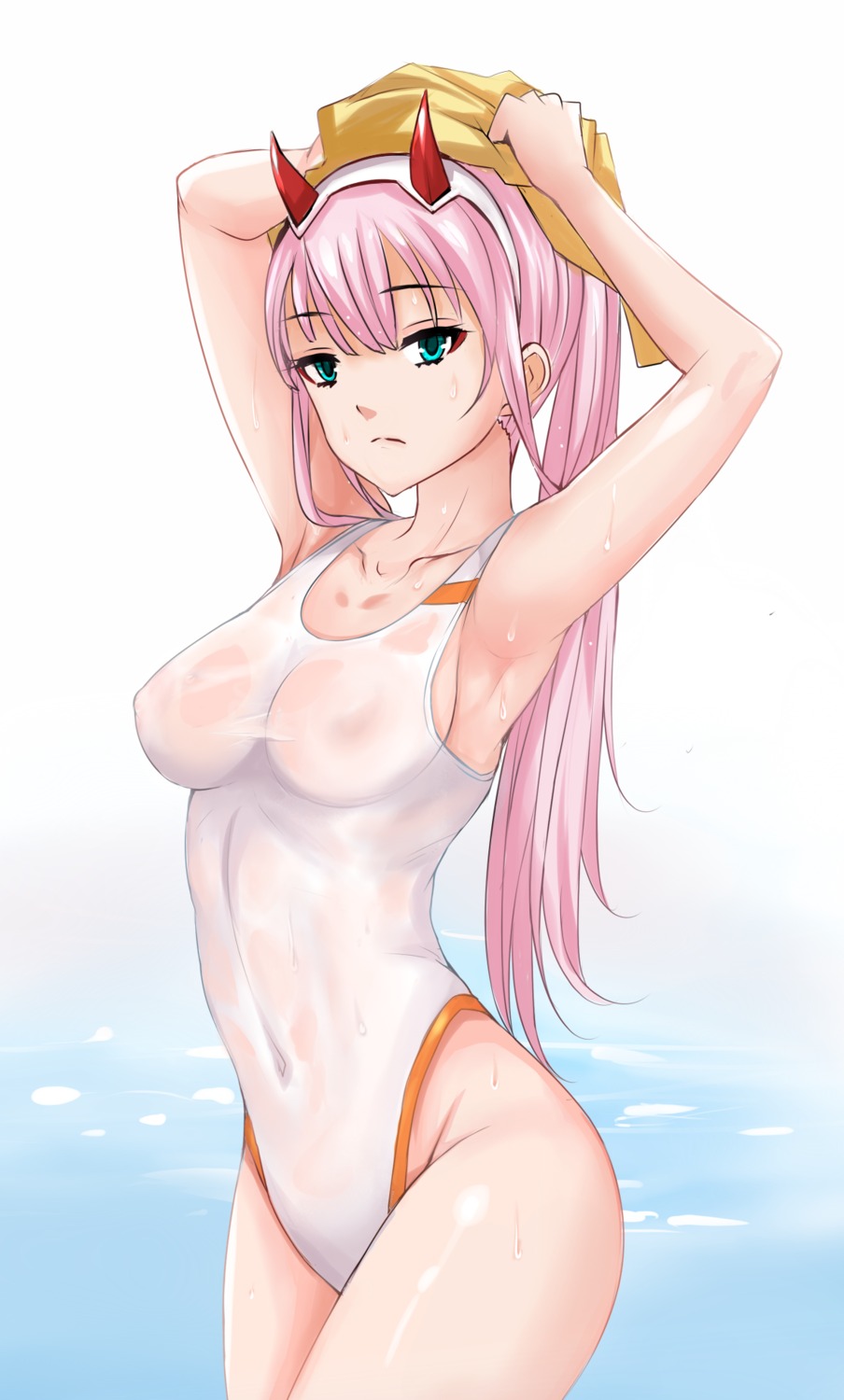 areola darling_in_the_franxx erect_nipples horns nonoririn see_through swimsuits wet_clothes zero_two_(darling_in_the_franxx)