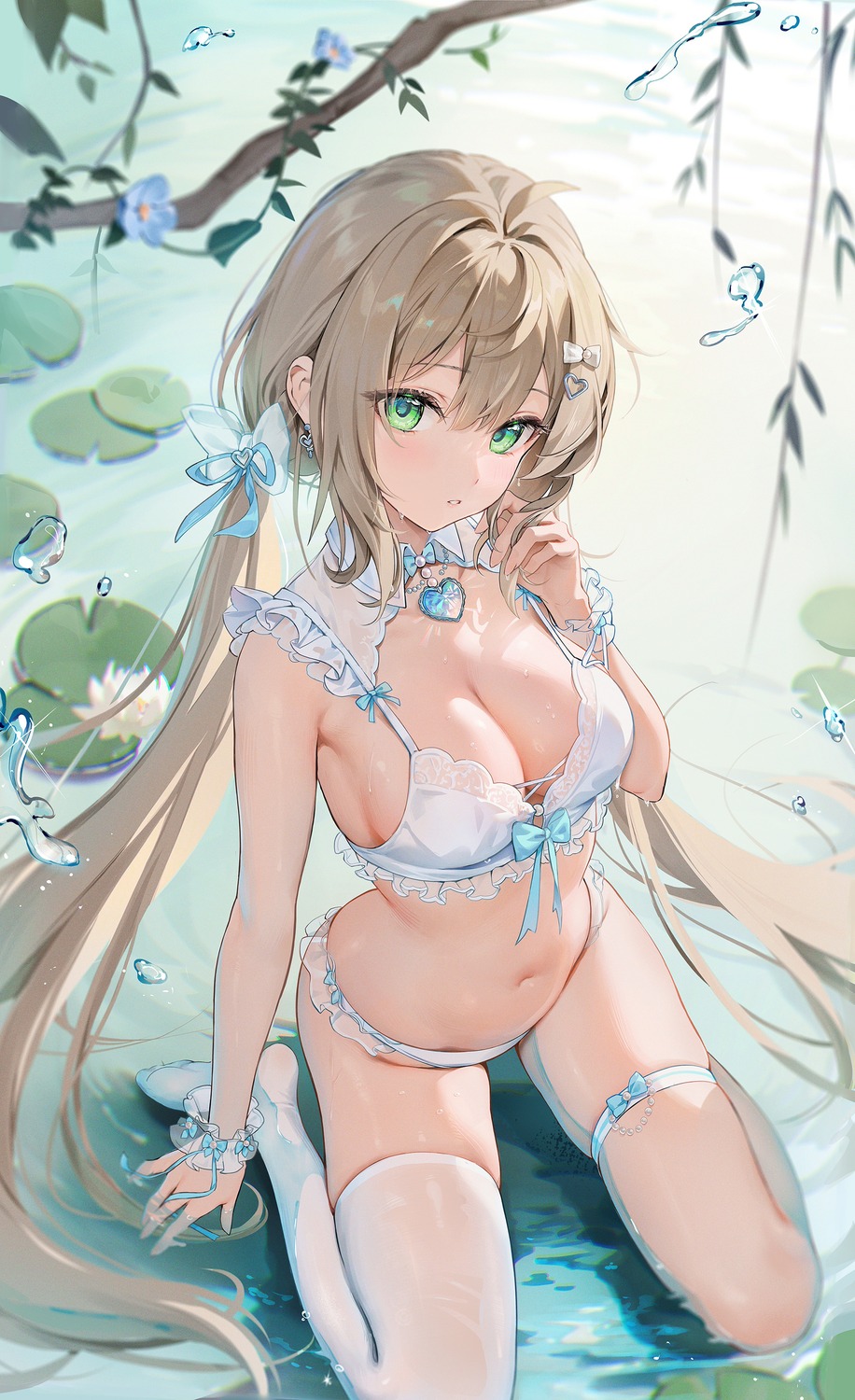 bra garter houkisei lingerie momoko_(houkiboshi) pantsu see_through thighhighs wet wet_clothes