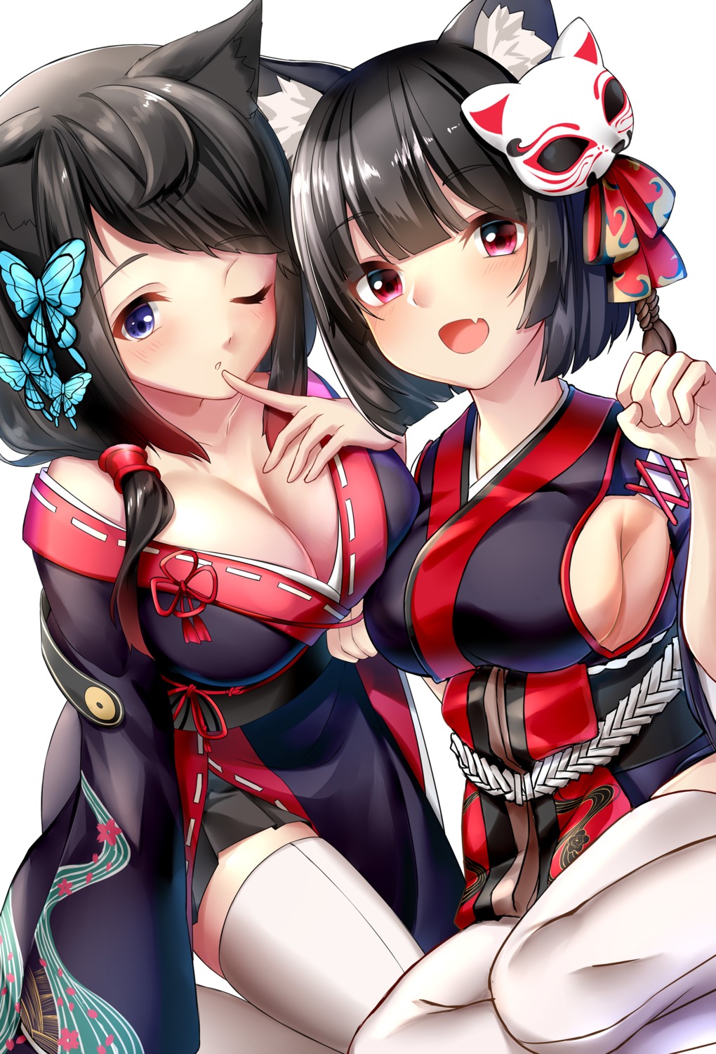 animal_ears azur_lane cleavage fusou_(azur_lane) japanese_clothes rukinya_(nyanko_mogumogu) thighhighs yamashiro_(azur_lane)