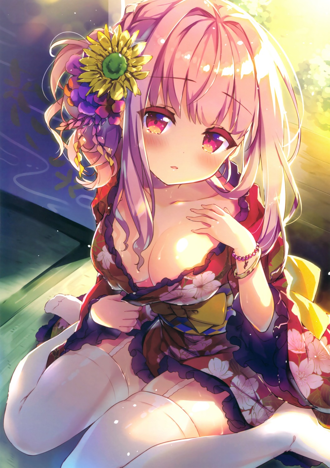 cleavage kimono no_bra open_shirt riichu stockings thighhighs undressing