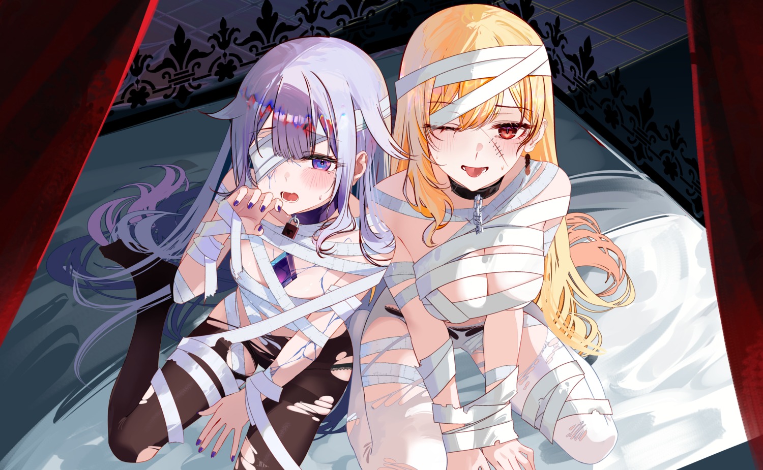 bandages bondage halloween hololive hololive_english hololive_indonesia kaela_kovalskia koseki_bijou loli no_bra pantsu pantyhose topless torn_clothes zakimpo