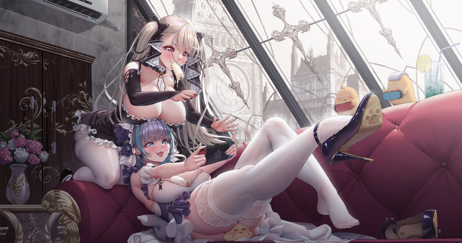 animal_ears azur_lane cheshire_(azur_lane) feet formidable_(azur_lane) gothic_lolita heels lolita_fashion maid manjuu_(azur_lane) nekomimi no_bra pantyhose rhasta skirt_lift thighhighs