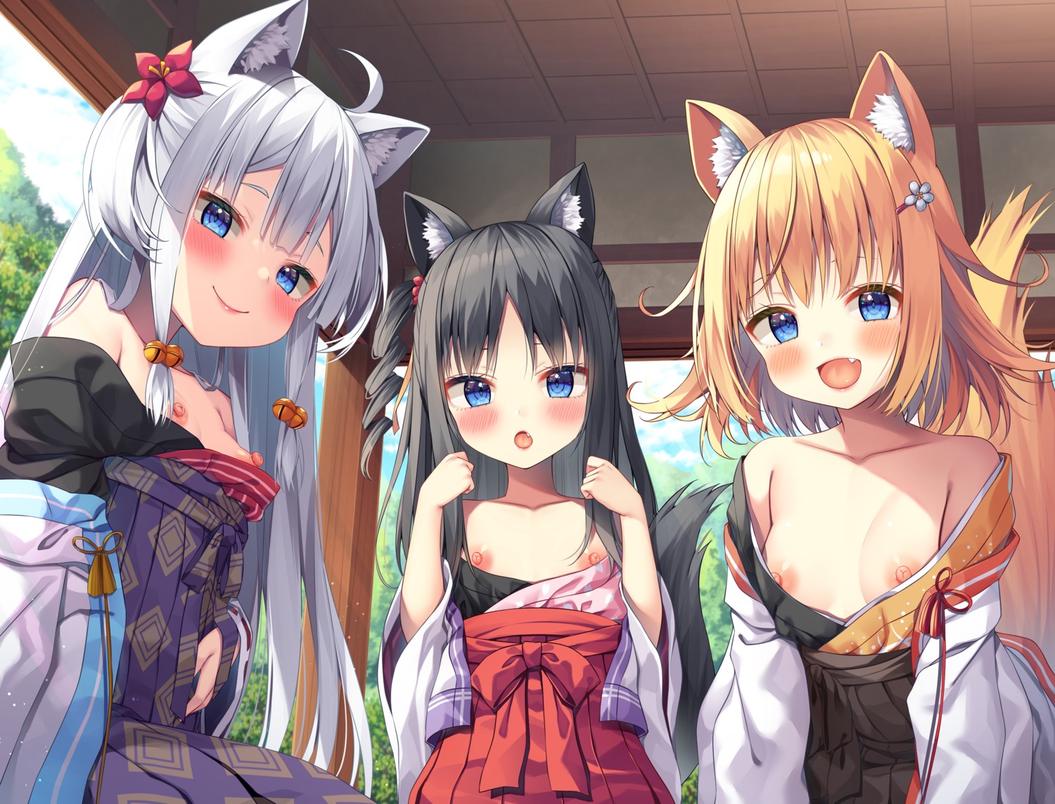 animal_ears asa_no_ha japanese_clothes kitsune loli nipple_slip nipples no_bra open_shirt tail whisp