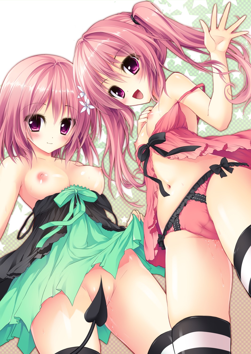 ame_zaiku breasts cameltoe lingerie momo_velia_deviluke nana_asta_deviluke nipples nopan pantsu pussy_juice shiramori_yuse tail thighhighs to_love_ru