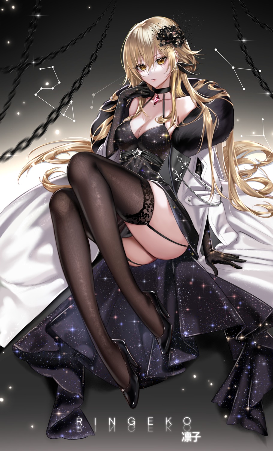 dress genshin_impact heels lumine no_bra ringeko-chan skirt_lift stockings thighhighs