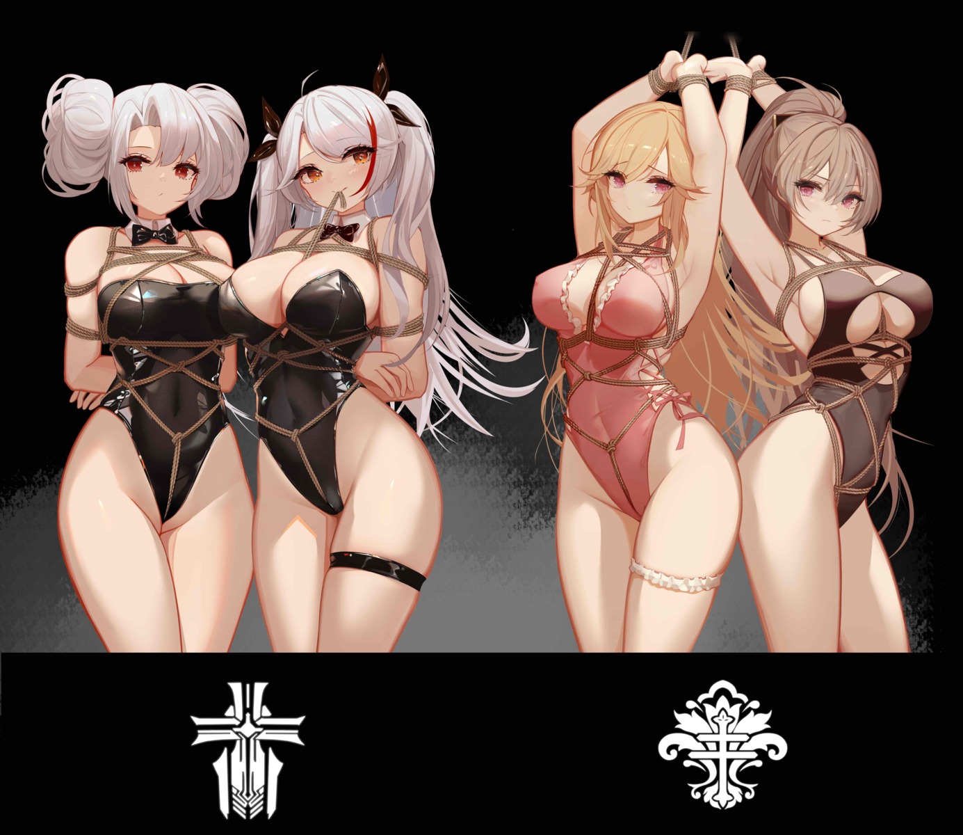 azur_lane bondage erect_nipples garter jean_bart_(azur_lane) leotard prinz_eugen_(azur_lane) prinz_heinrich_(azur_lane) richelieu_(azur_lane) swimsuits yuuraku_yuraku