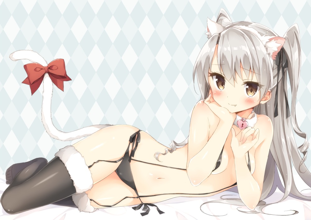 amatsukaze_(kancolle) animal_ears breasts erect_nipples kantai_collection masuishi_kinoto nekomimi pantsu string_panties tail thighhighs